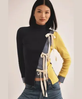 Another Mode Turtleneck Mixed Media Tied Sweater