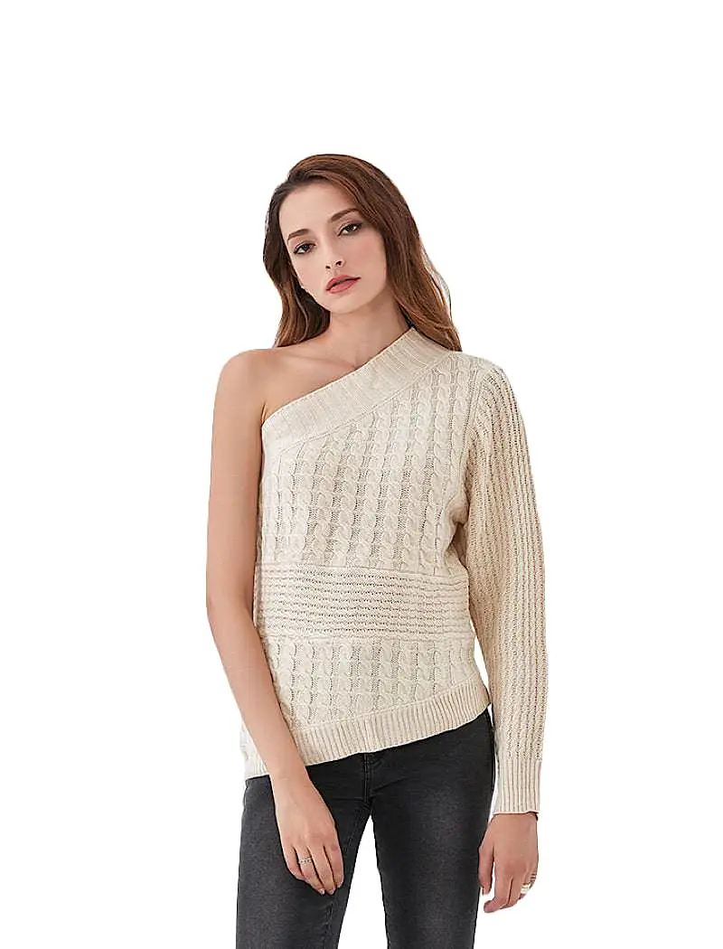 Beige One Shoulder Cable Knit Sweater