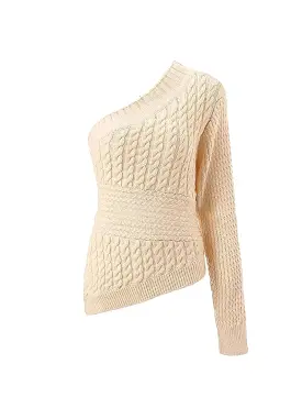 Beige One Shoulder Cable Knit Sweater