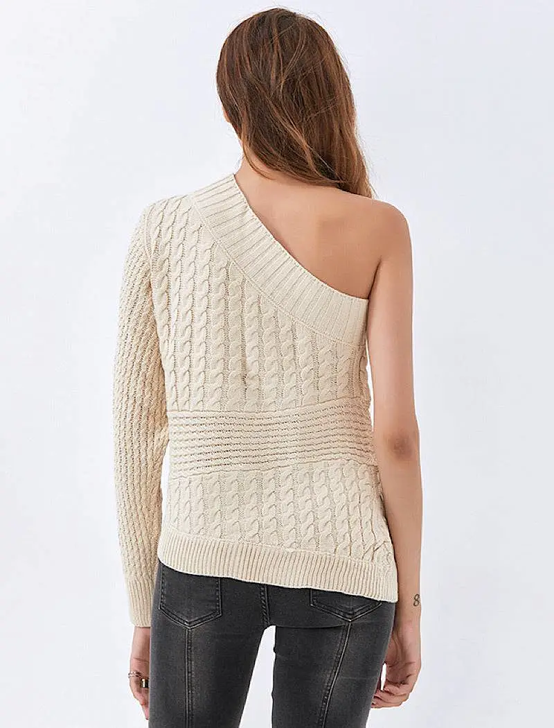 Beige One Shoulder Cable Knit Sweater