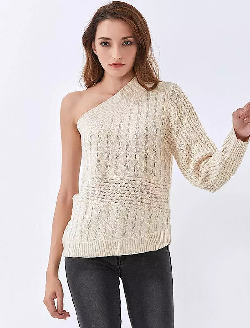 Beige One Shoulder Cable Knit Sweater