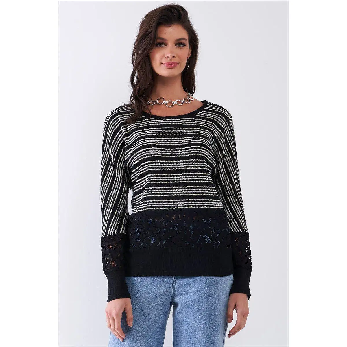 Black Striped Glitter Weave Crochet Trim Detail Long Sleeve Sweater Top