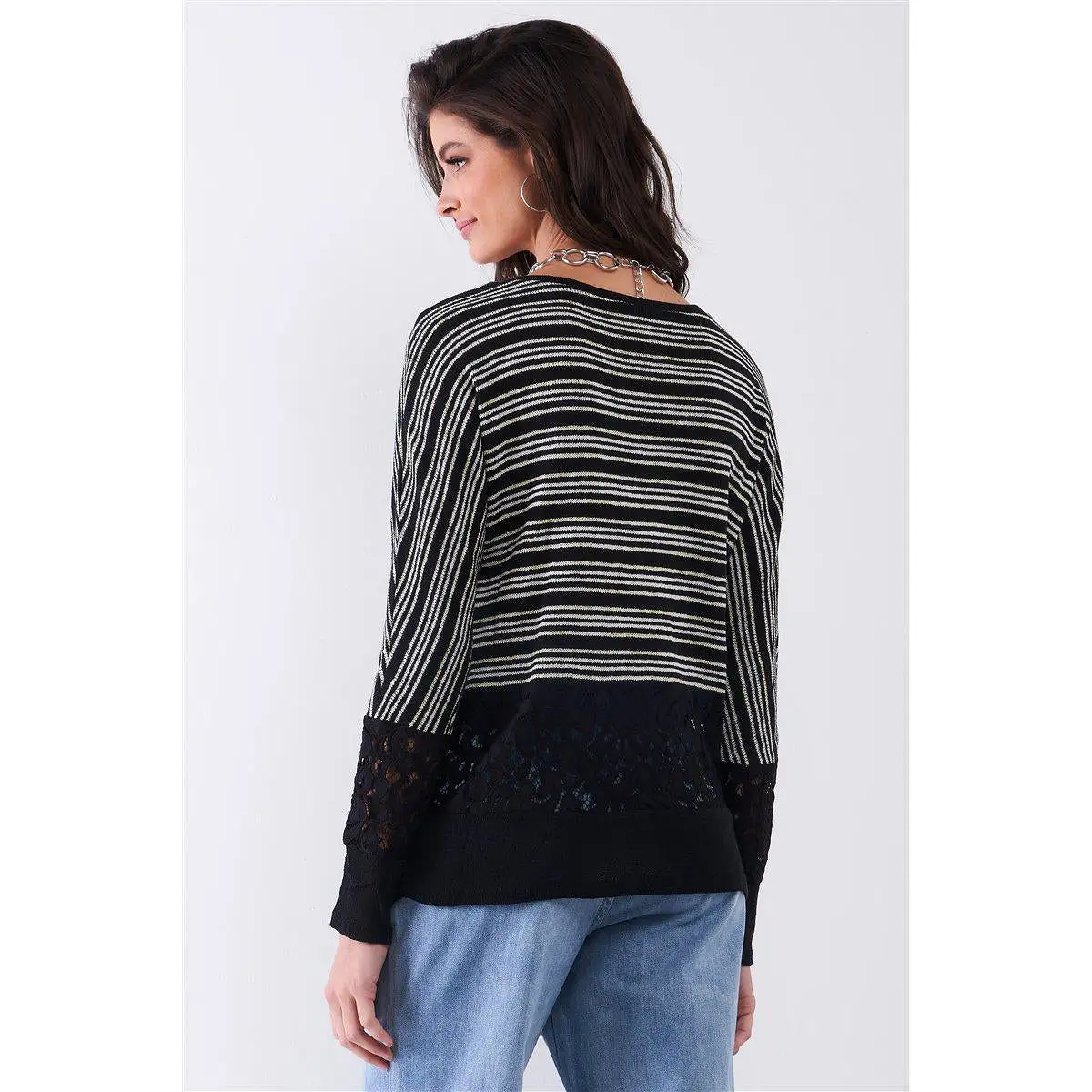 Black Striped Glitter Weave Crochet Trim Detail Long Sleeve Sweater Top