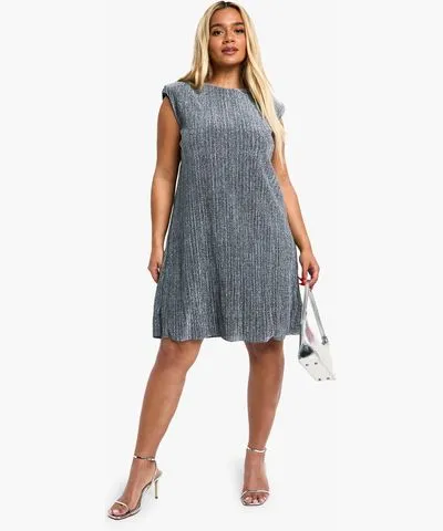 boohoo Womens Plus Pleated Metallic Shoulder Pad Shift Dress