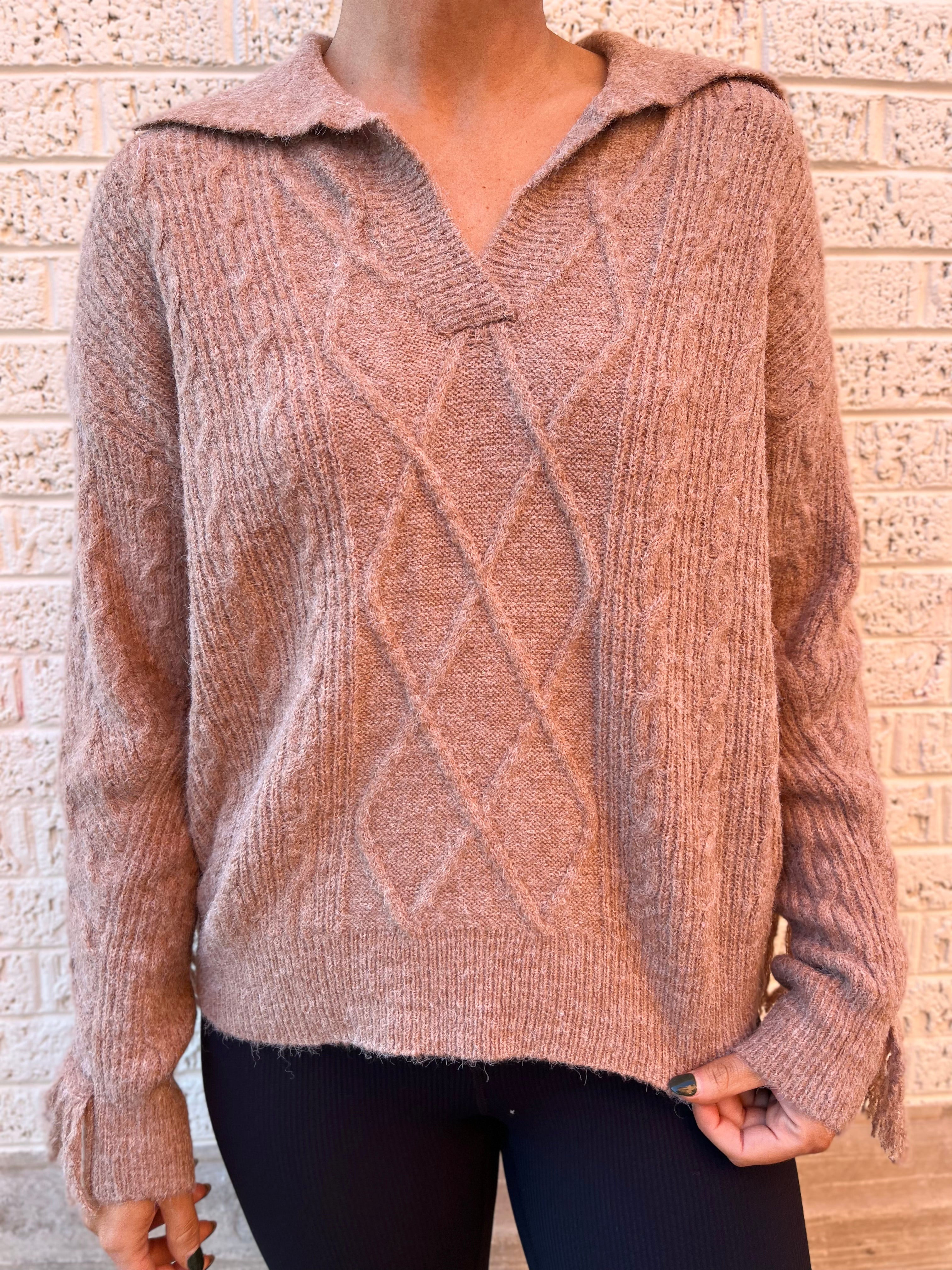 Cable Knit Collared Top - Mocha