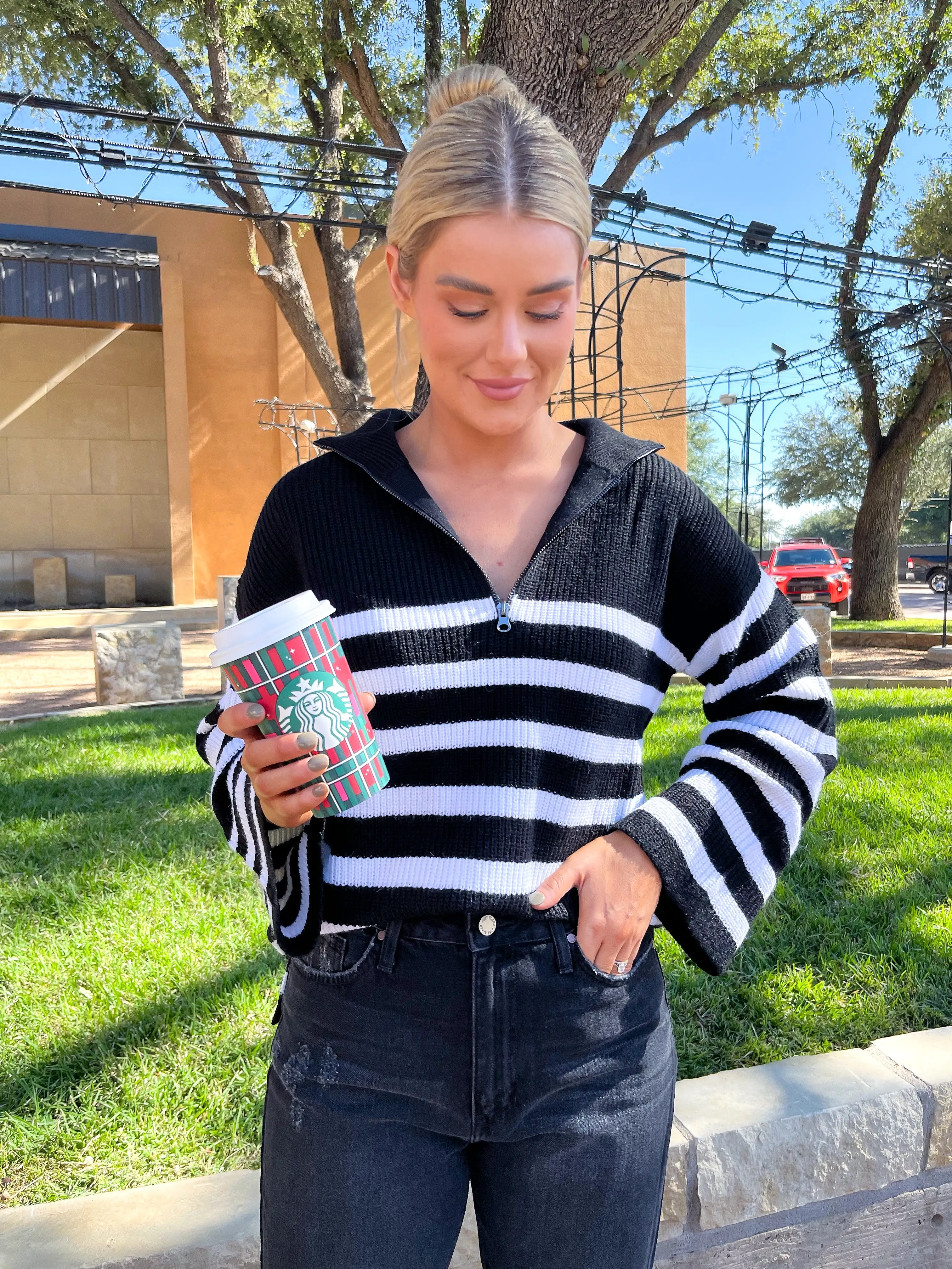 Coastal Striped Half Zip Sweater- BLACK/WHITE