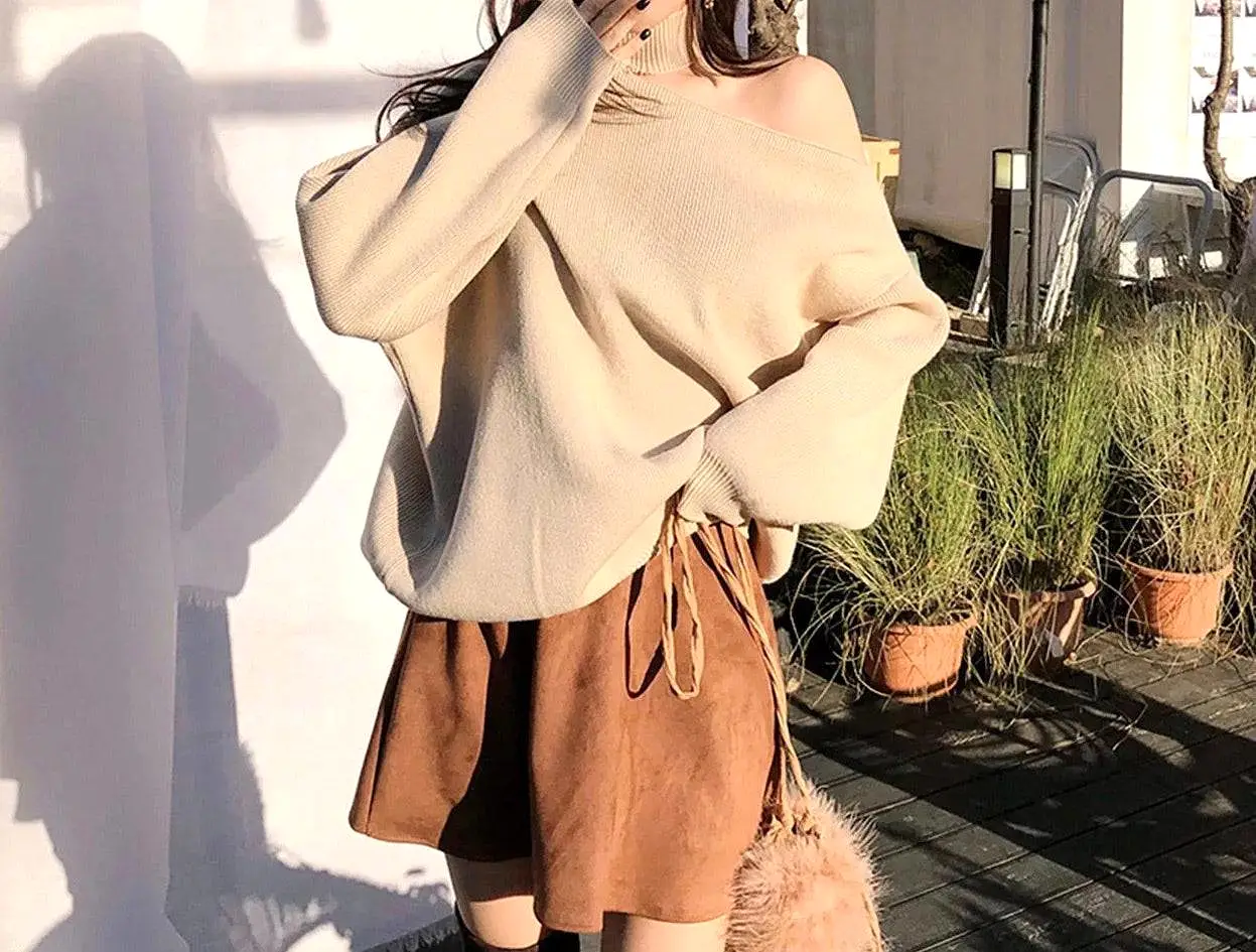 Cut Out Shoulder High Neck Knit Sweater