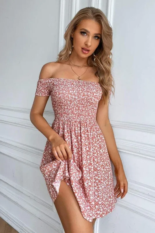 Ditsy Floral Off Shoulder Shirred Dress