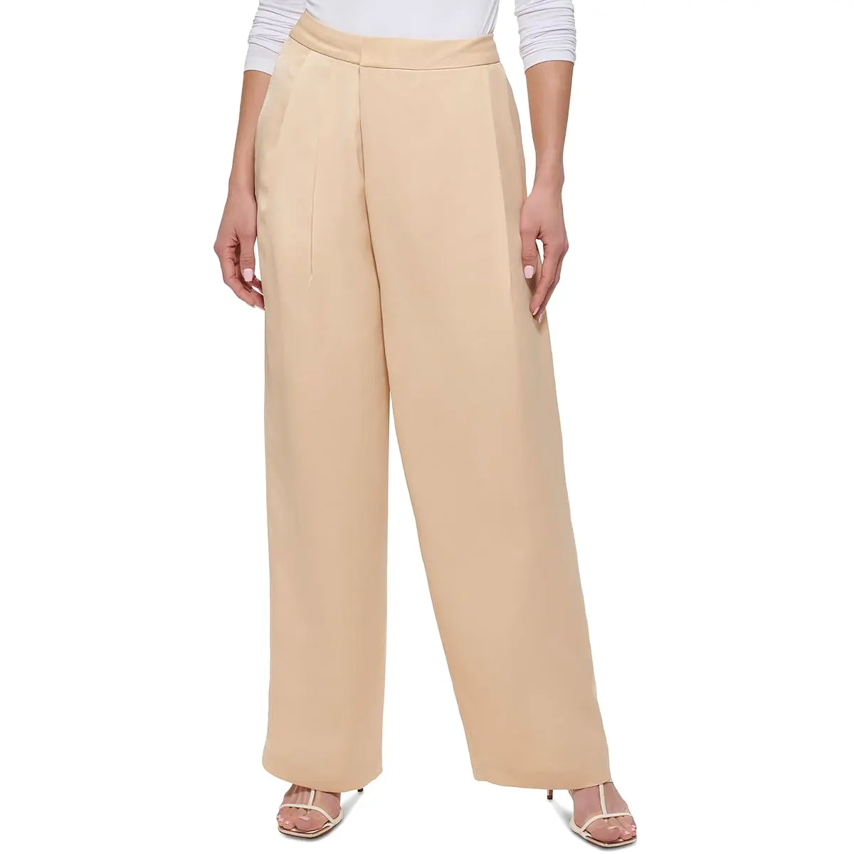 DKNY Womens High Rise Pleated Wide Leg Pants