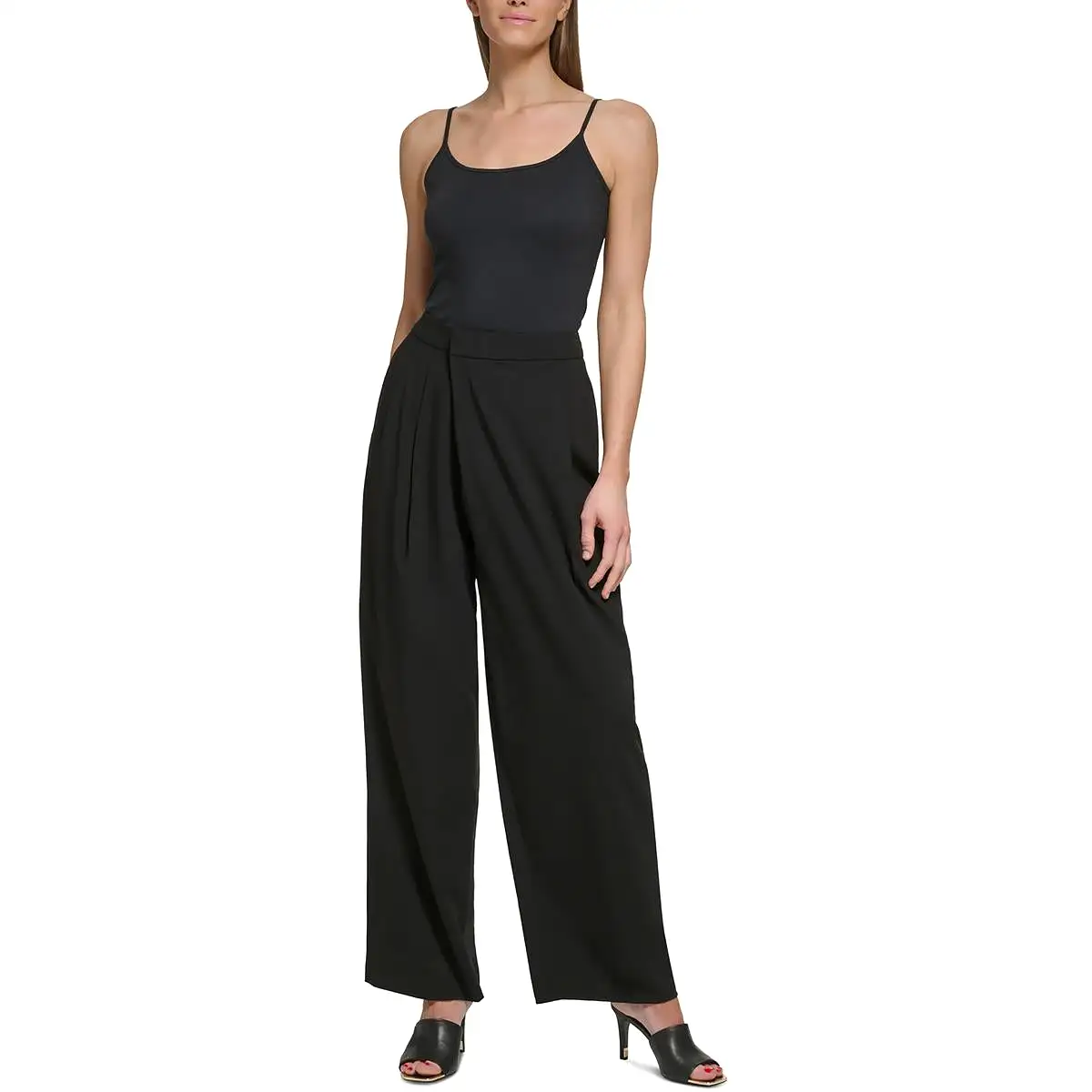 DKNY Womens High Rise Pleated Wide Leg Pants