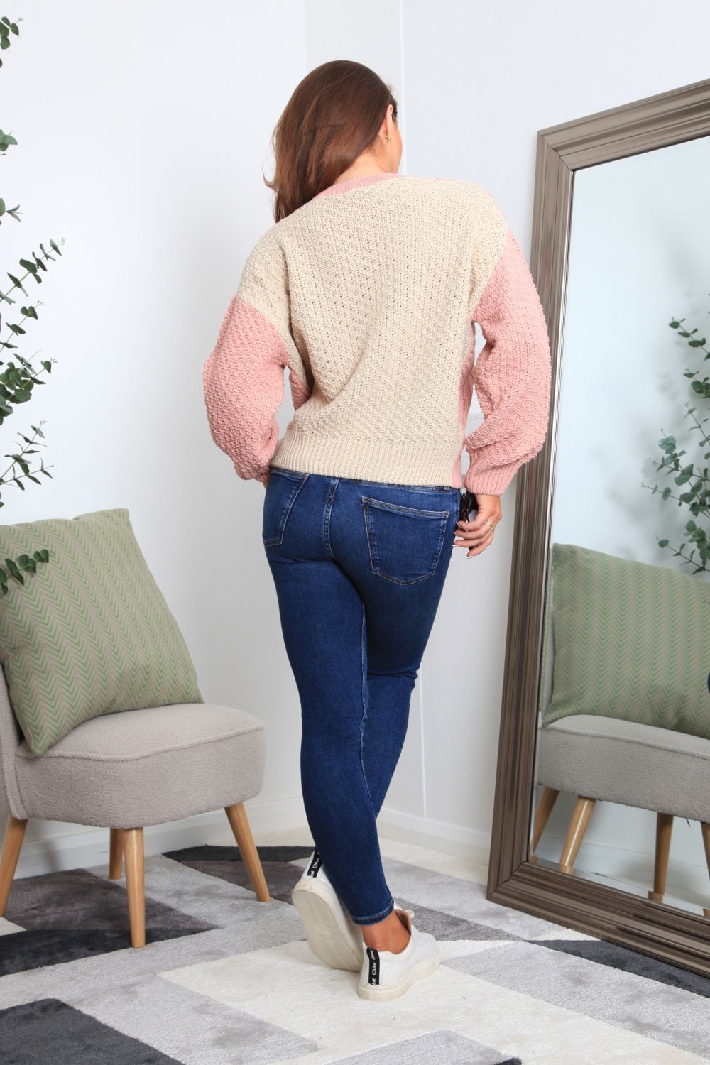 Double Second Pink And Oatmeal Color Block Cable Knit Jumper