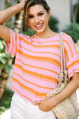 Easy Living Pink Striped Short Sleeve Sweater