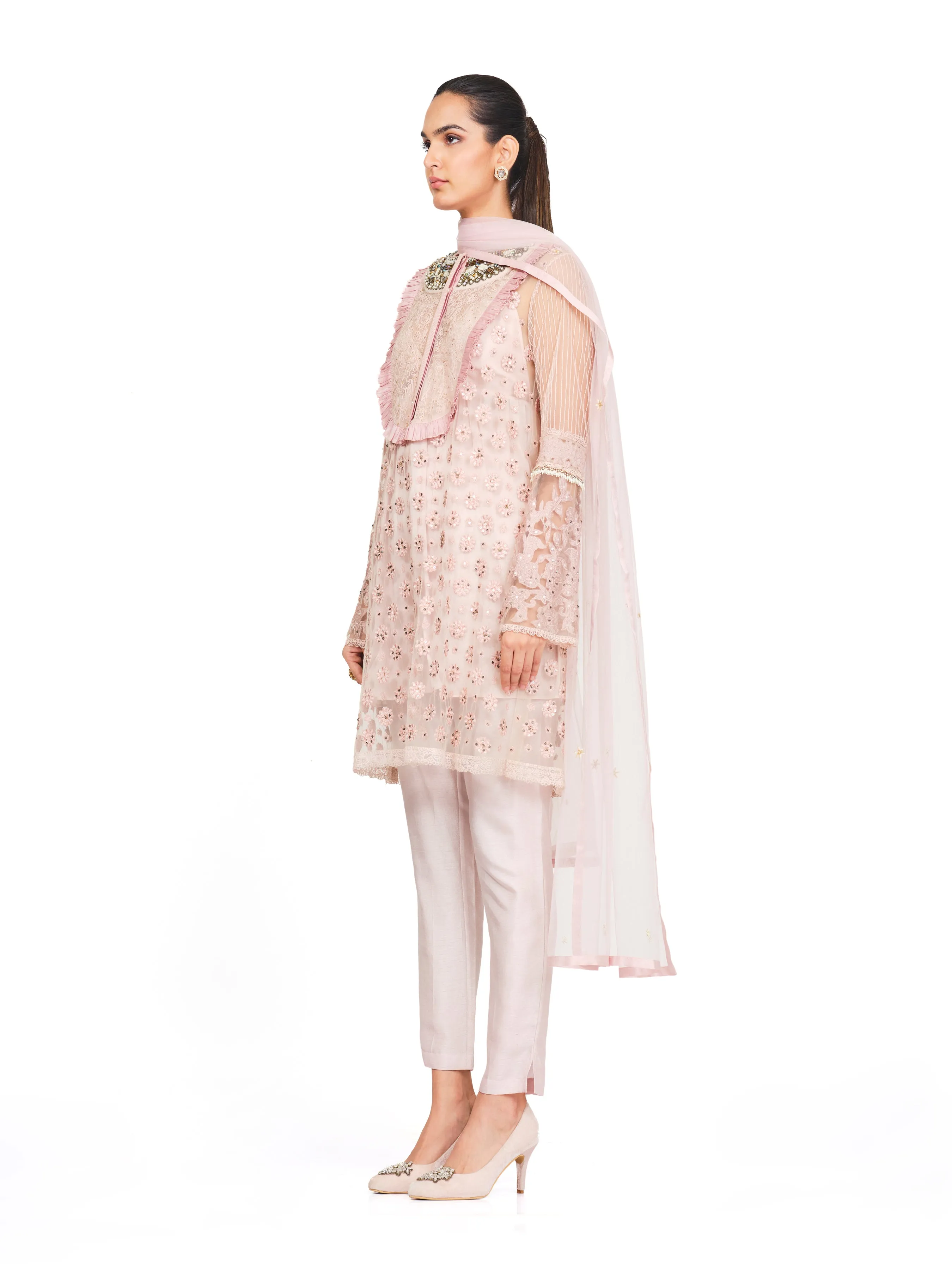 Embroidered Tunic with Neck Yoke Frills