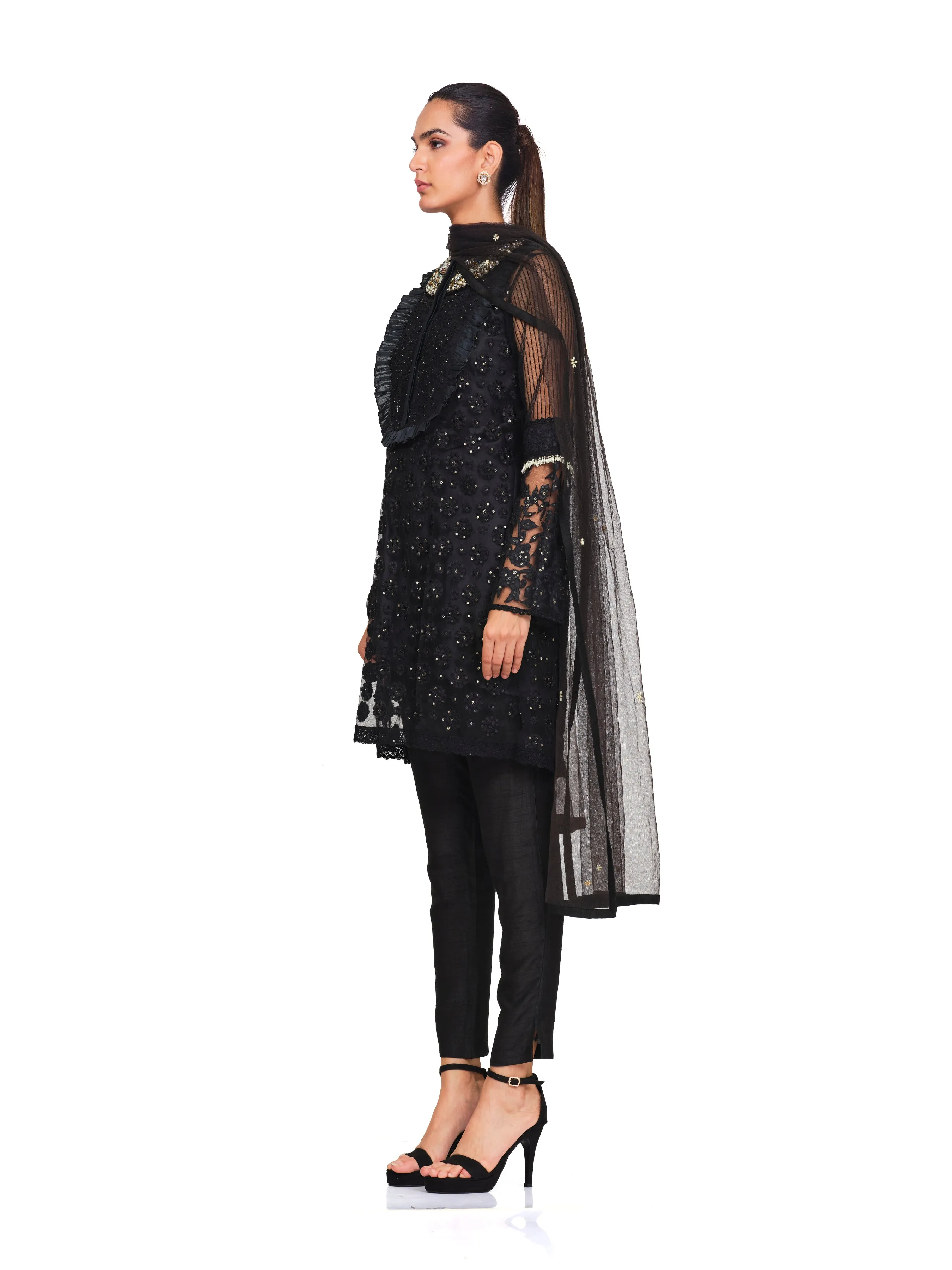 Embroidered Tunic with Neck Yoke Frills