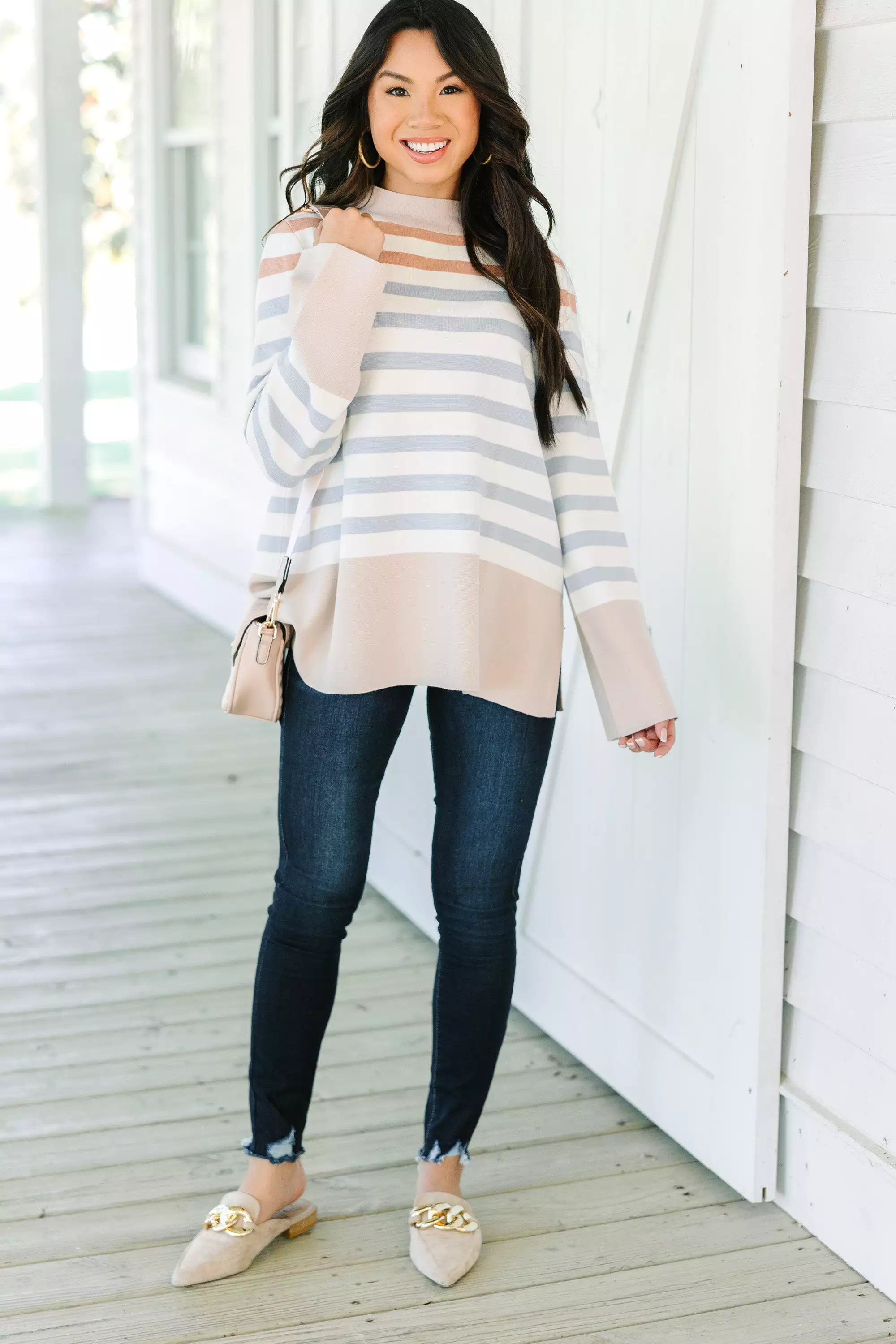 Fate: Make Your Day Taupe Brown Striped Sweater