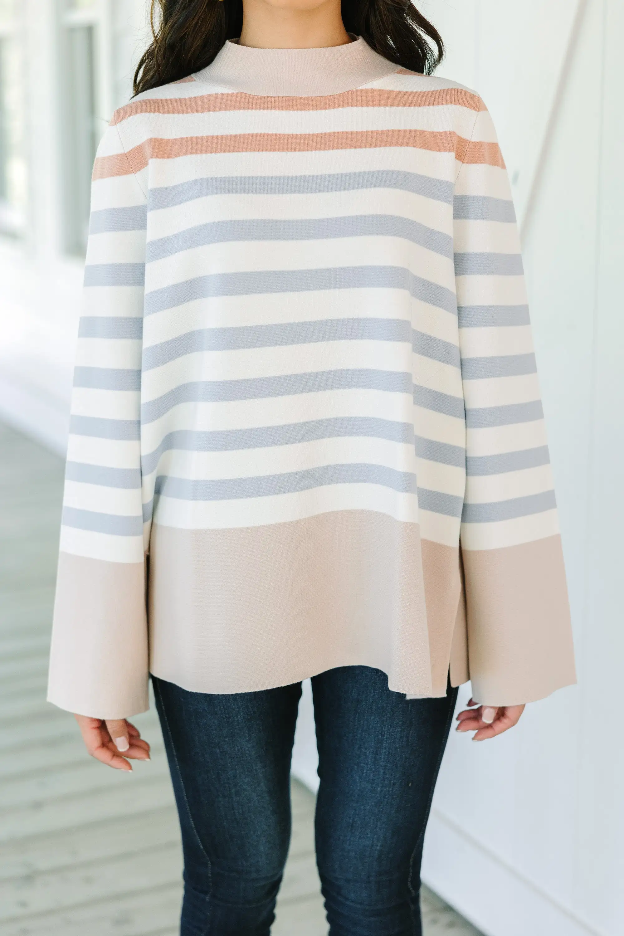 Fate: Make Your Day Taupe Brown Striped Sweater