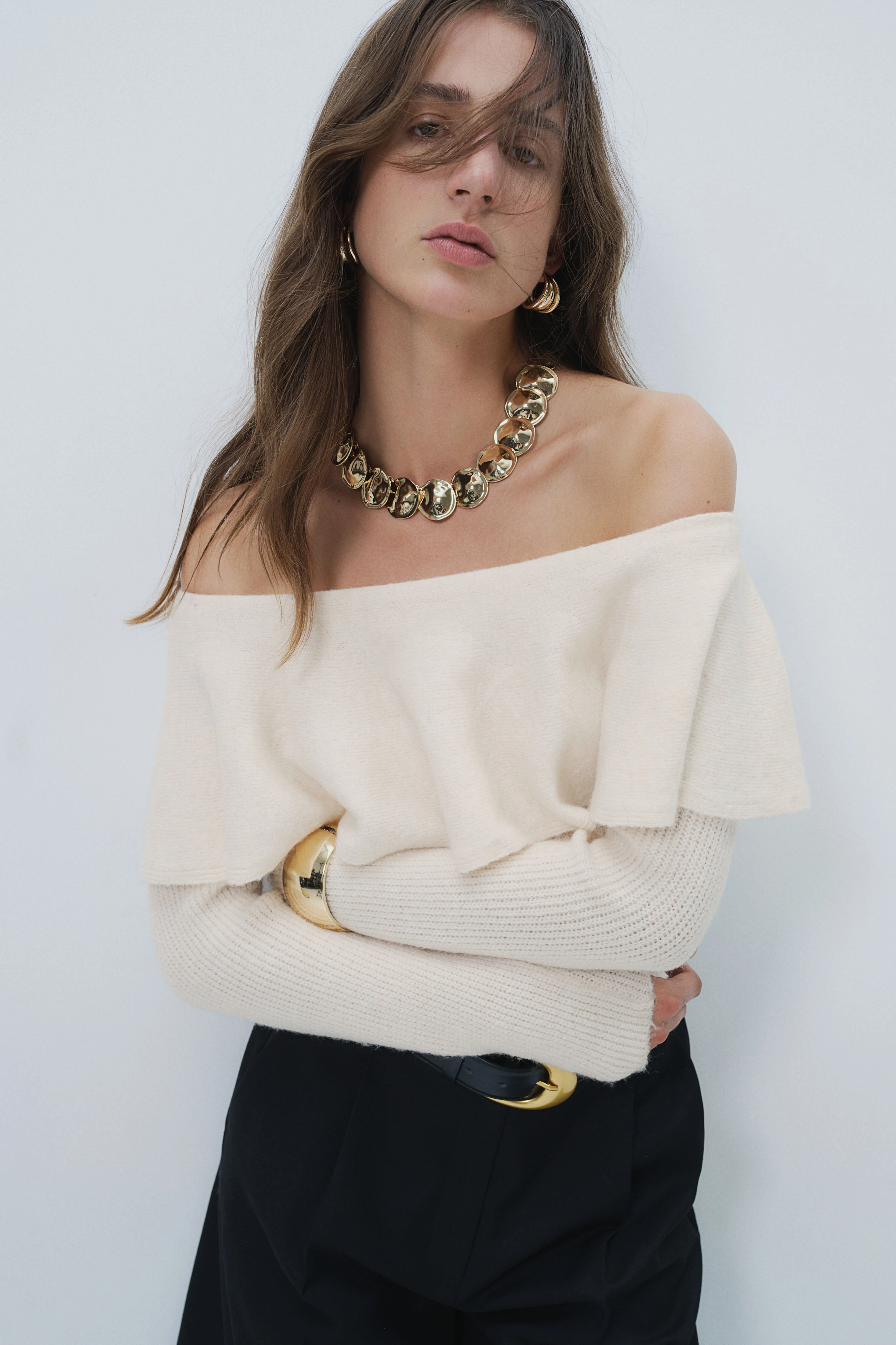 Flounced Off-the-Shoulder Sweater