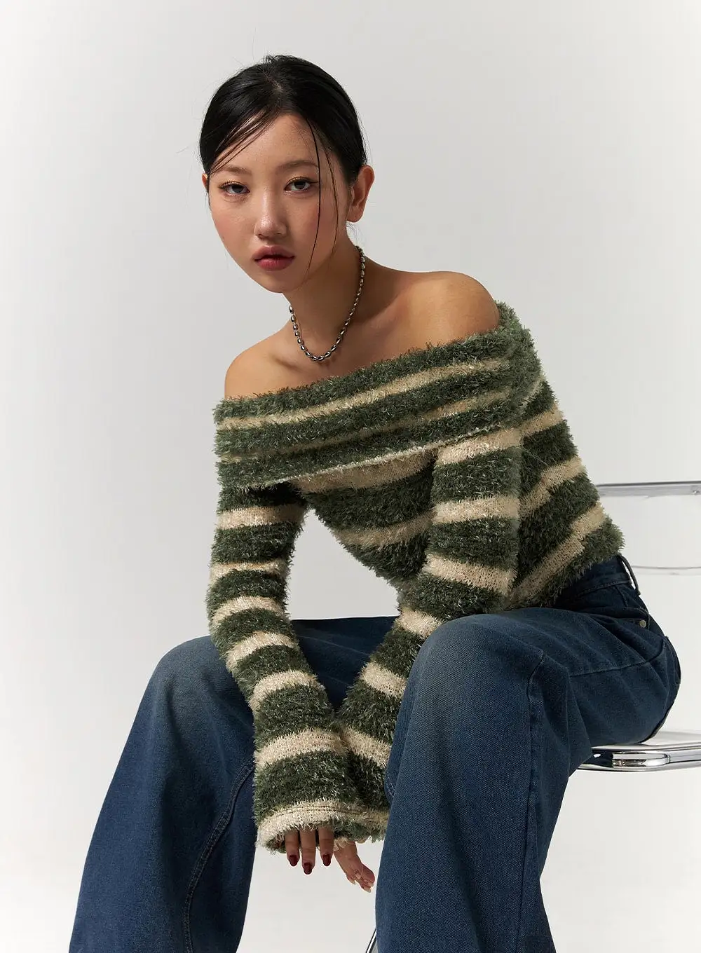 Fuzzy Striped Off-Shoulder Wool-Blend Long Sleeve Sweater CD329