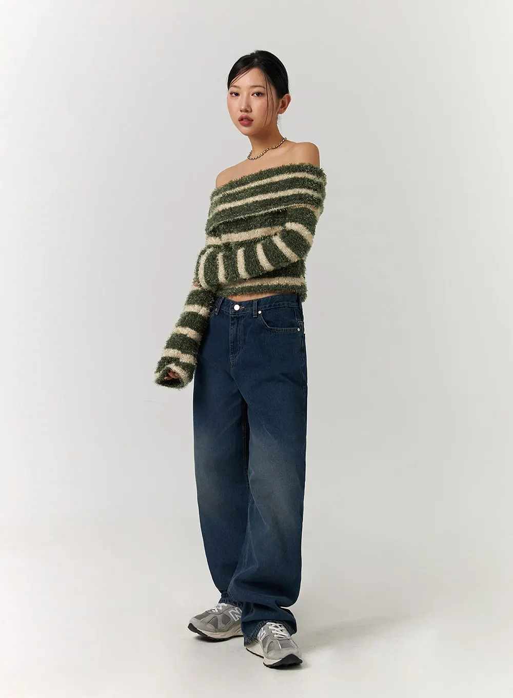 Fuzzy Striped Off-Shoulder Wool-Blend Long Sleeve Sweater CD329