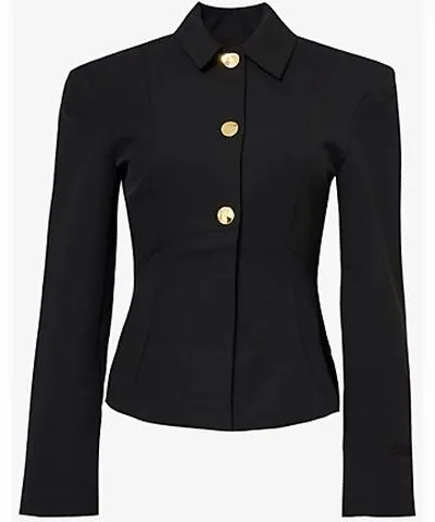 Ganni Womens Black Point-collar pleated-waist recycled-polyester blazer