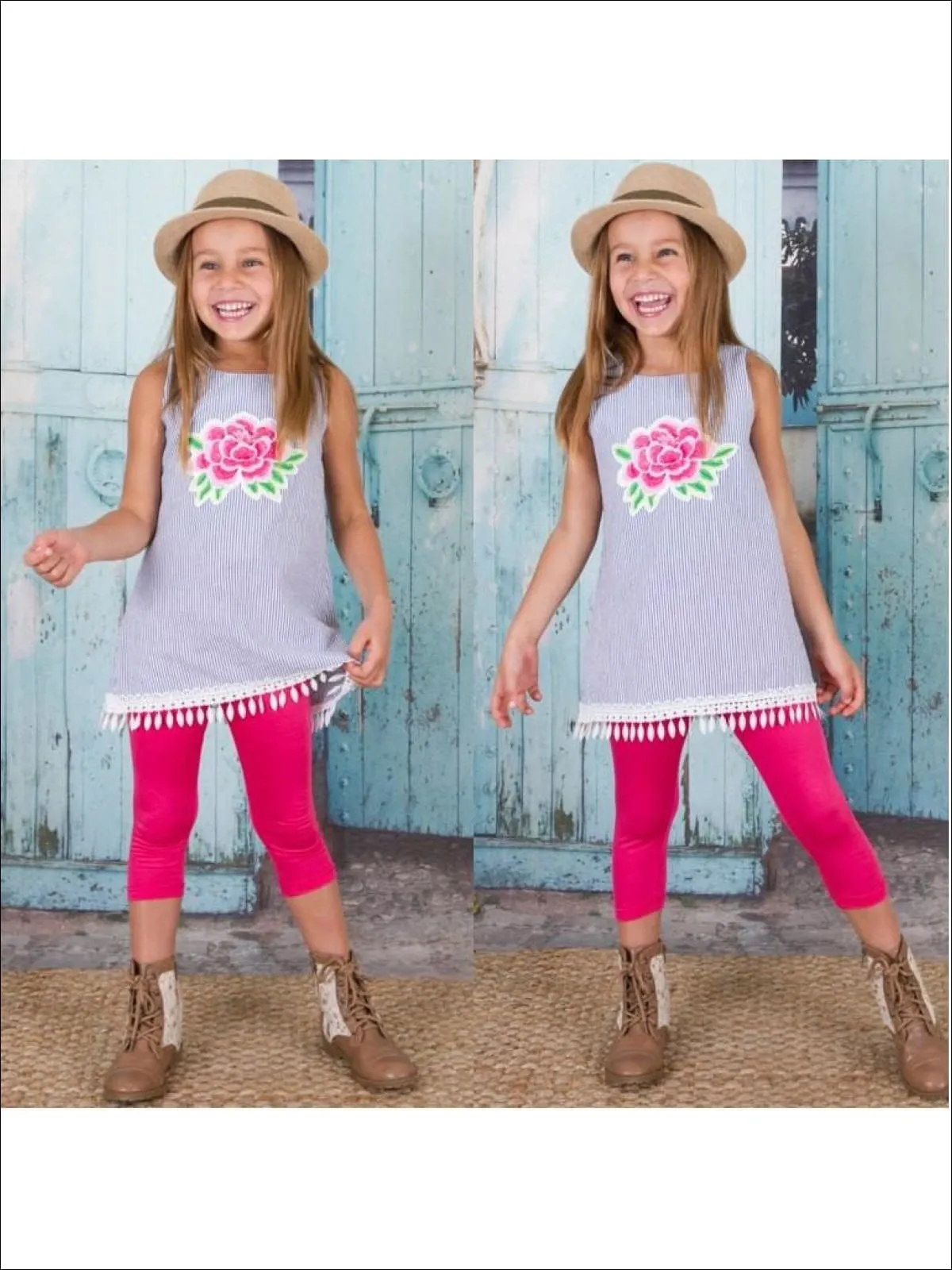 Girls Blue Pinstriped Set with Large Embroidered Flower Tunic and Legging Set