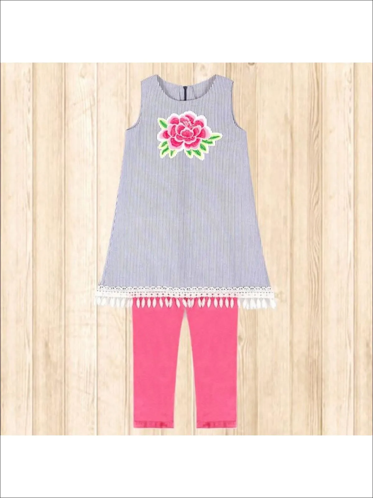 Girls Blue Pinstriped Set with Large Embroidered Flower Tunic and Legging Set