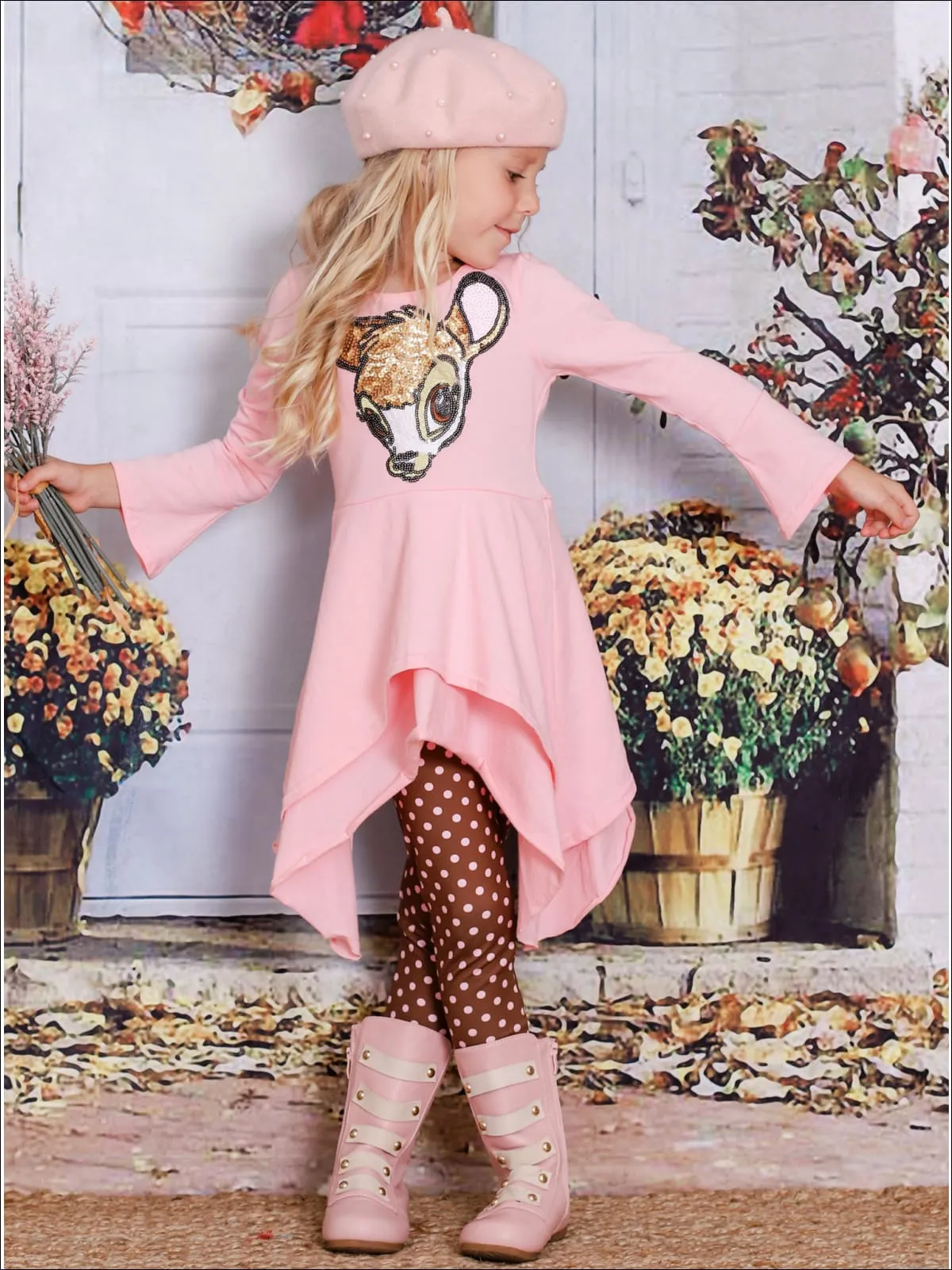 Girls Pink And Brown Double Layer Cuffed Sleeve Tunic And Legging Set with Bambi Applique