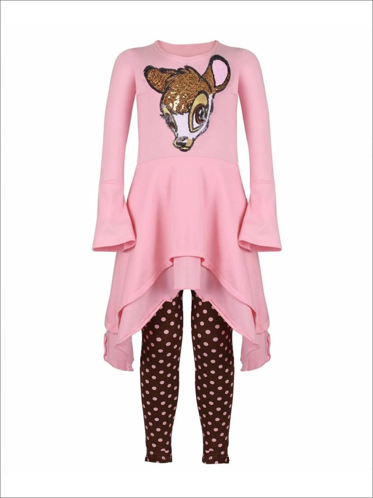 Girls Pink And Brown Double Layer Cuffed Sleeve Tunic And Legging Set with Bambi Applique