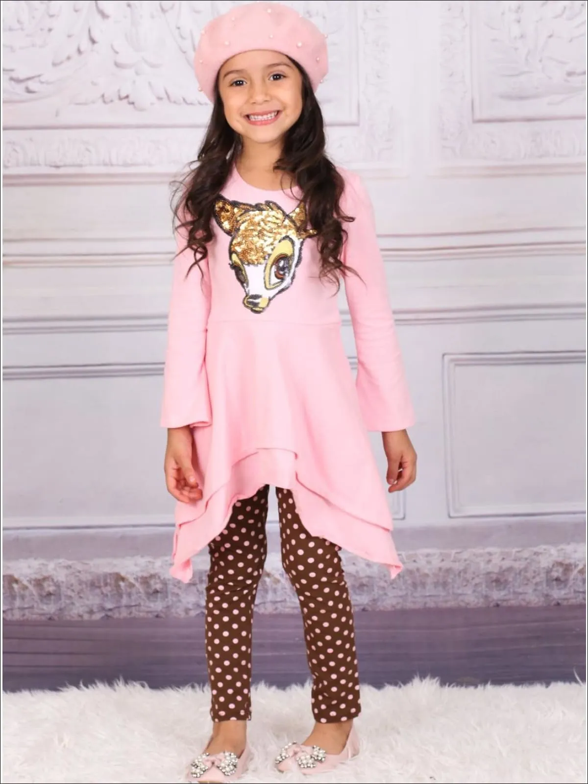 Girls Pink And Brown Double Layer Cuffed Sleeve Tunic And Legging Set with Bambi Applique