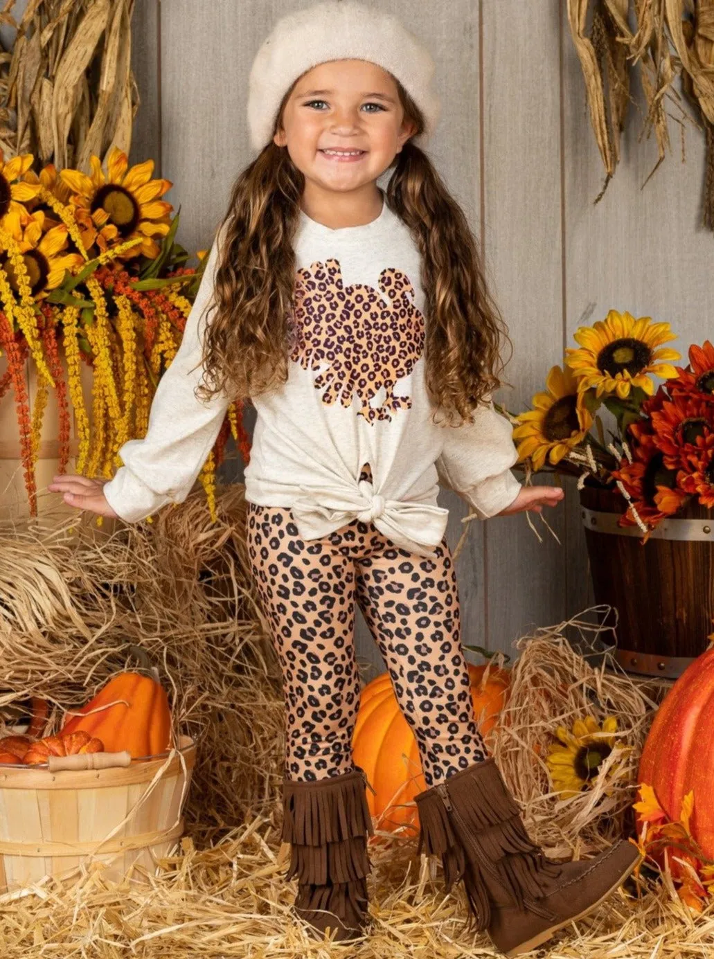 Girls Tie Knot Pullover Sweatshirt and Leopard Print Legging Set