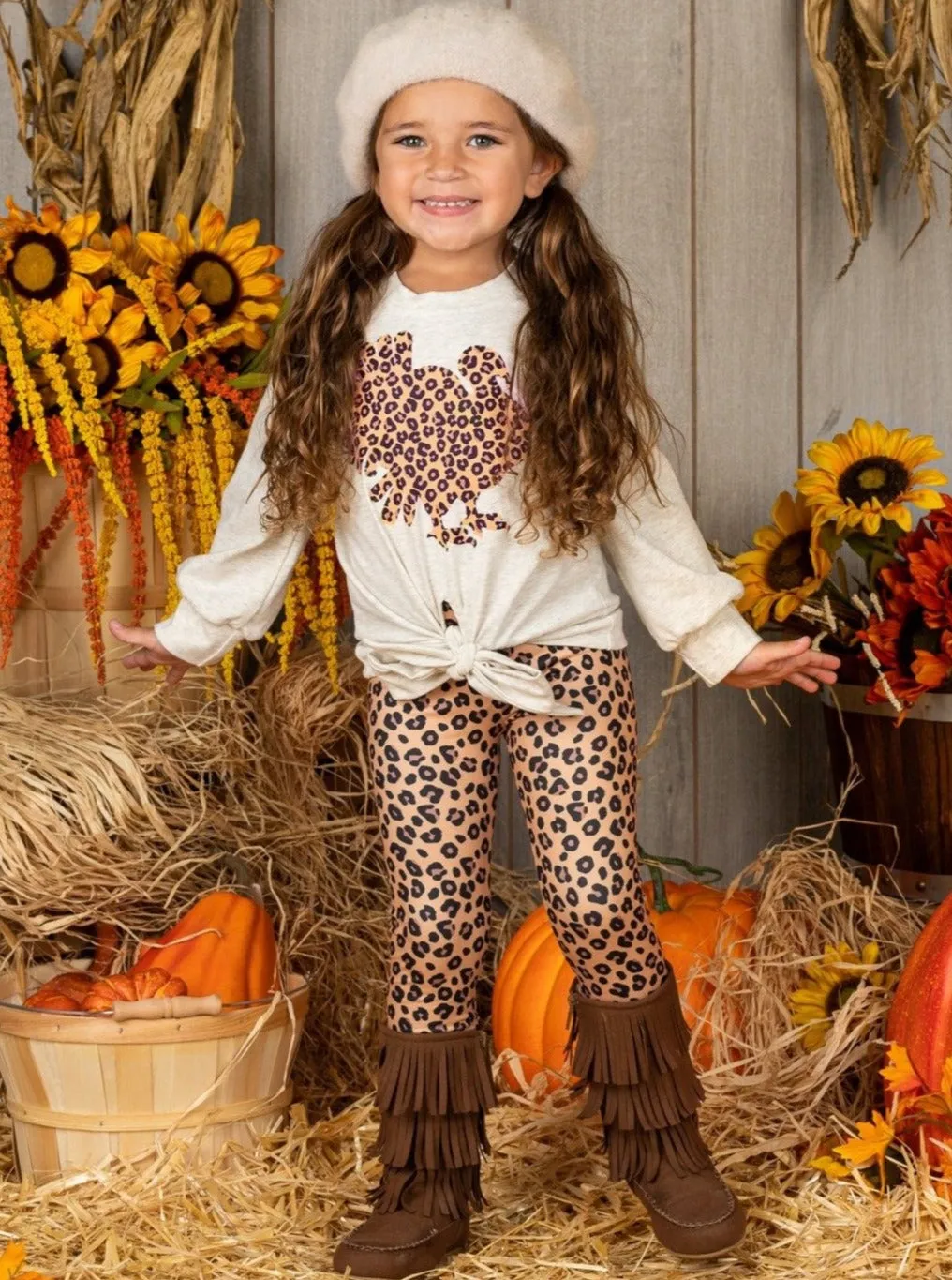 Girls Tie Knot Pullover Sweatshirt and Leopard Print Legging Set