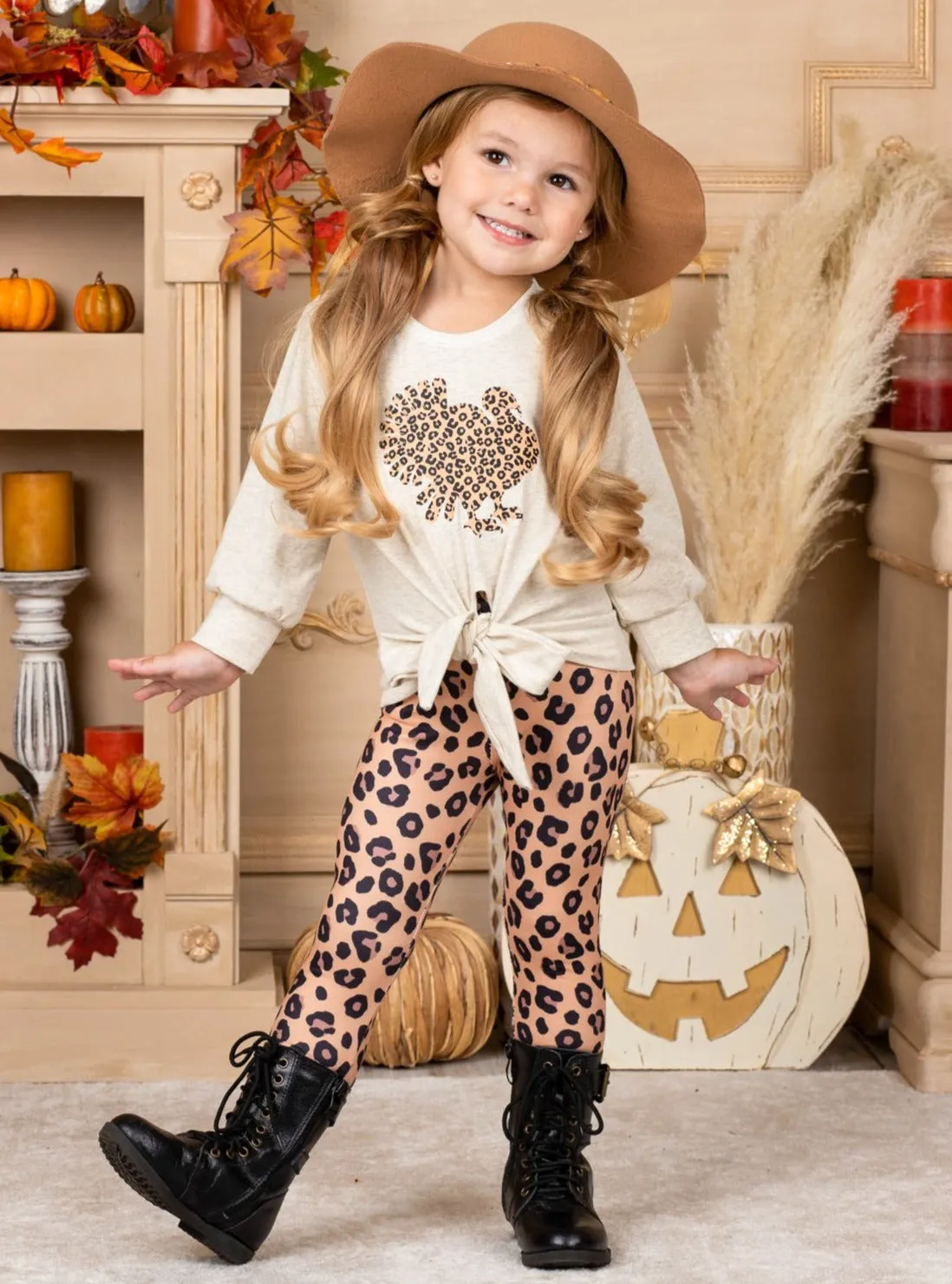 Girls Tie Knot Pullover Sweatshirt and Leopard Print Legging Set