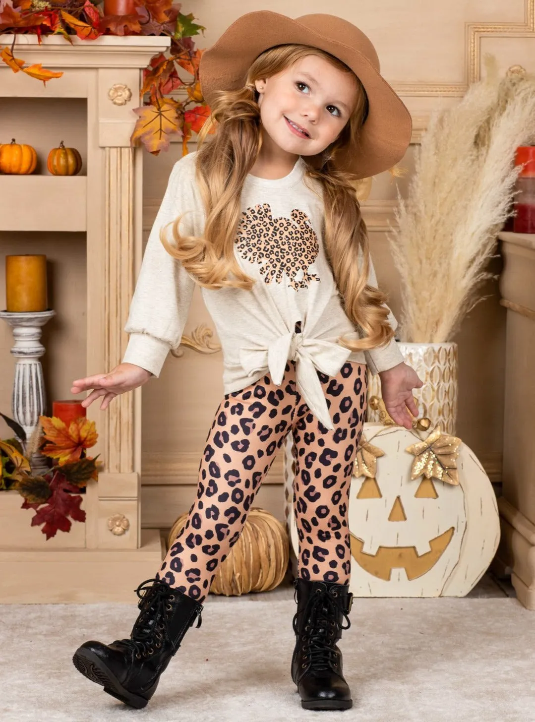 Girls Tie Knot Pullover Sweatshirt and Leopard Print Legging Set