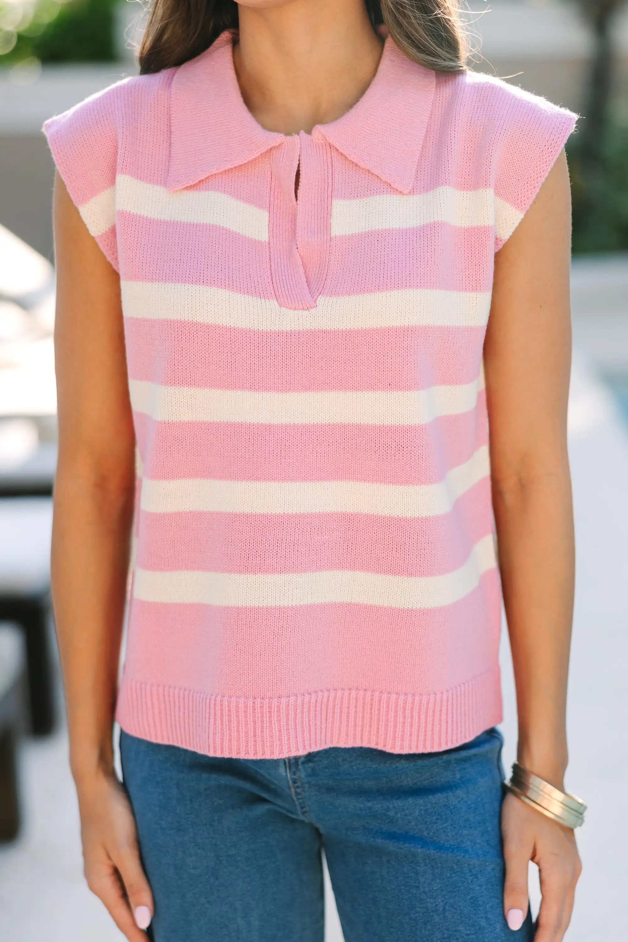 In Your Dreams Pink Striped Short Sleeve Sweater