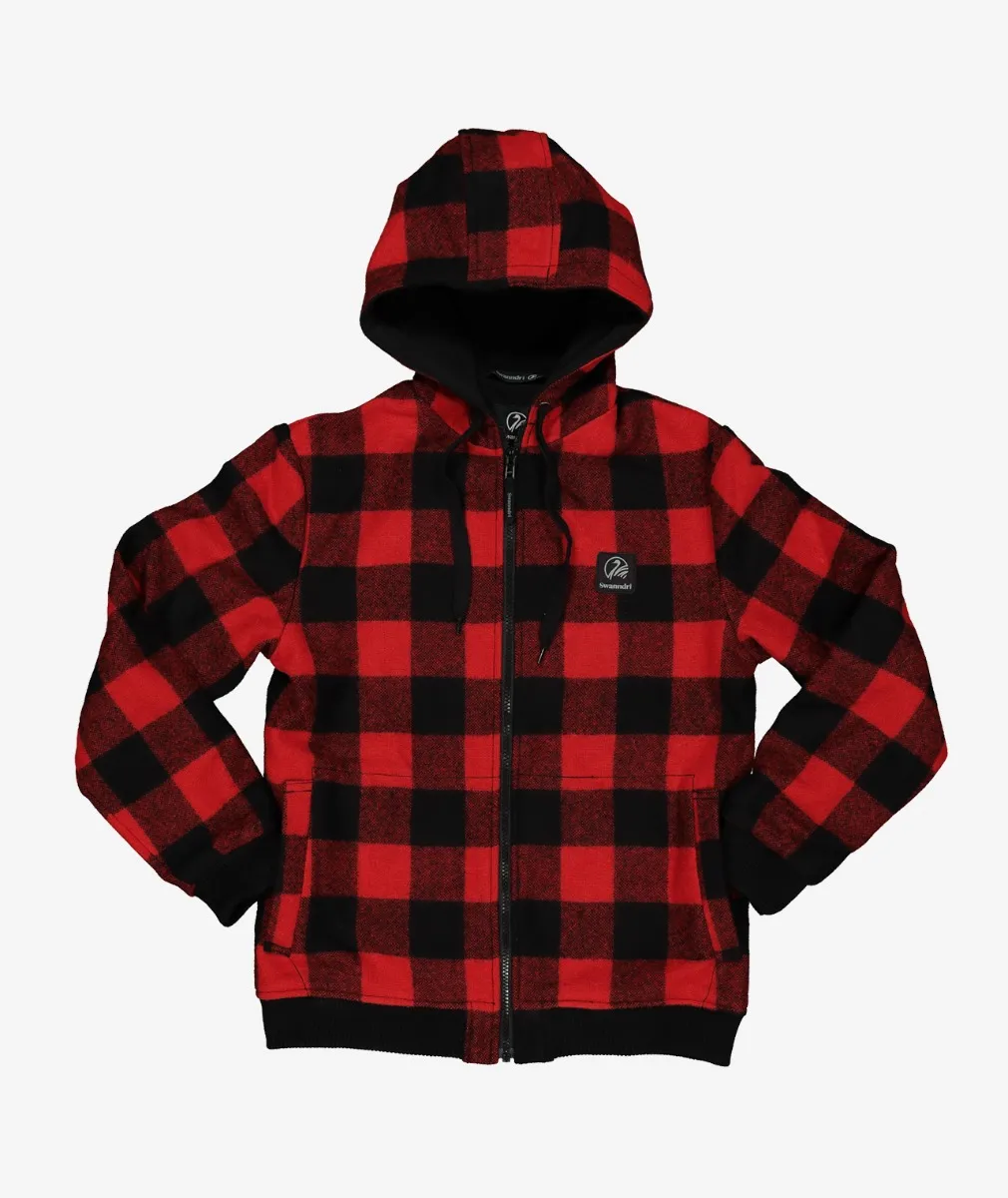 Kids Crooked River Wool Hoody Red/Black Check - Swanndri NZ