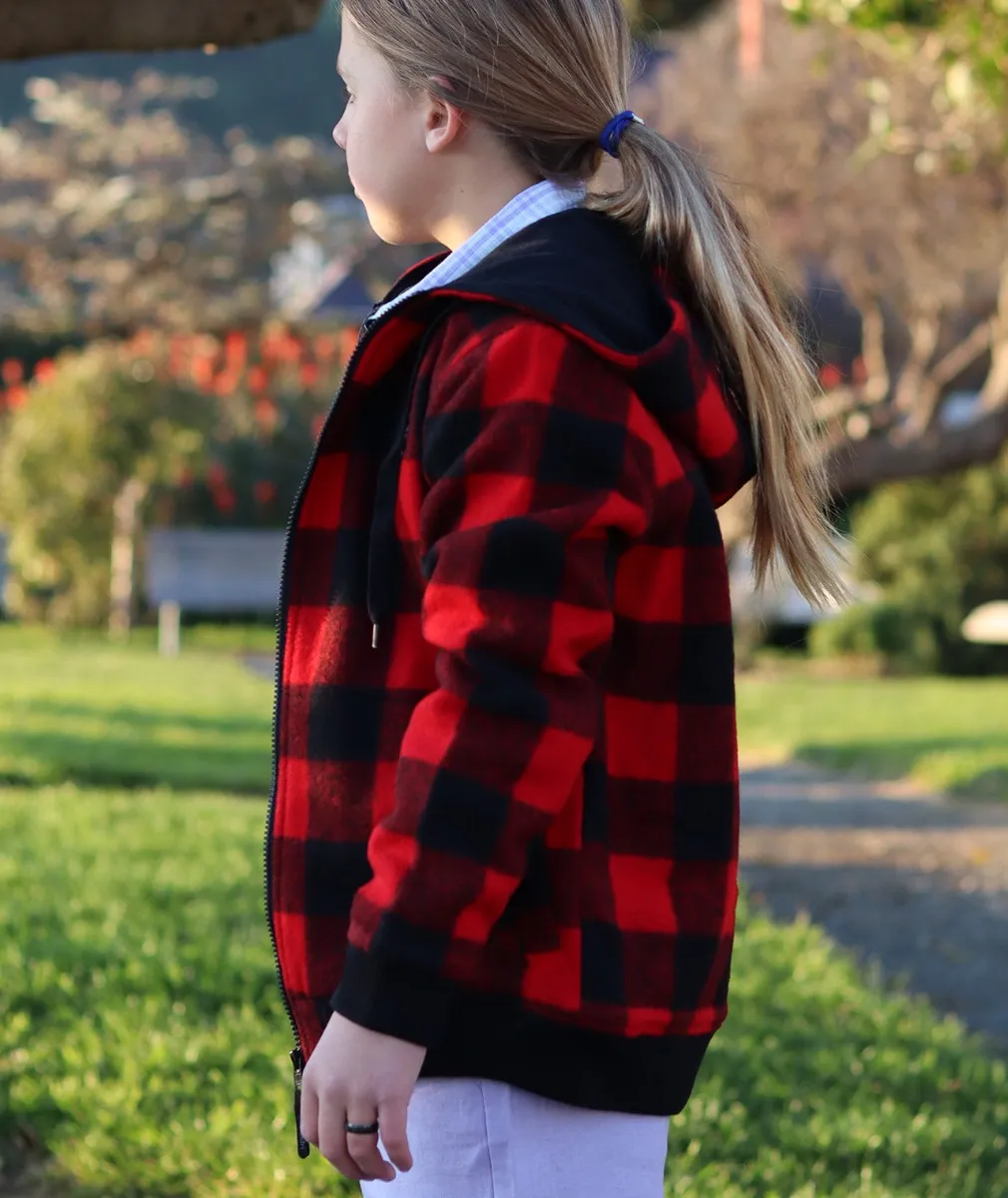 Kids Crooked River Wool Hoody Red/Black Check - Swanndri NZ