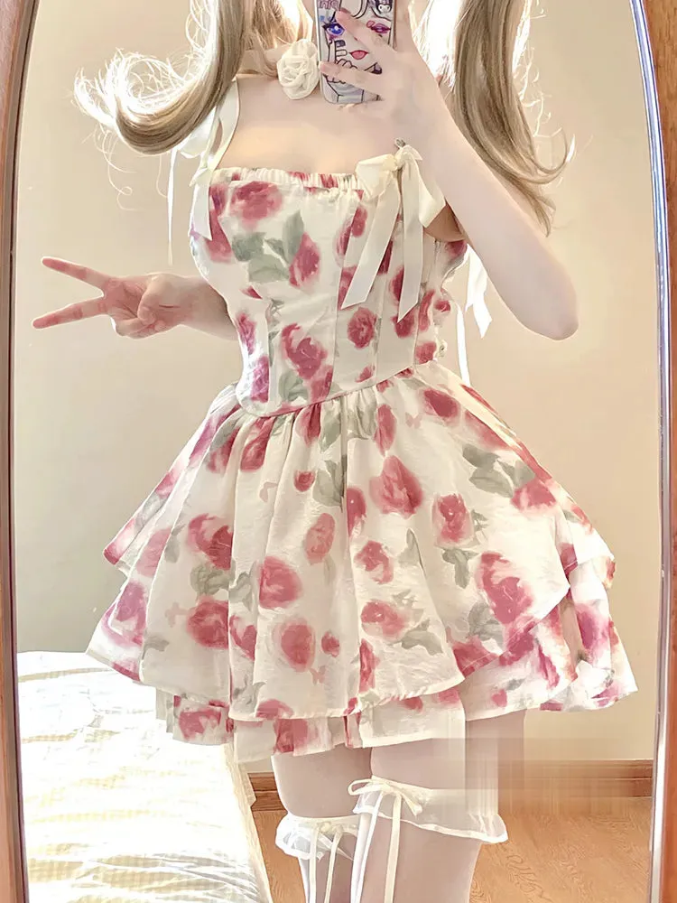 Korean Summer Sweet Floral Chiffon Women Elegant Ruffles Party Mini Dress