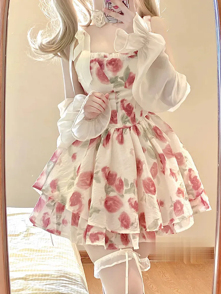 Korean Summer Sweet Floral Chiffon Women Elegant Ruffles Party Mini Dress