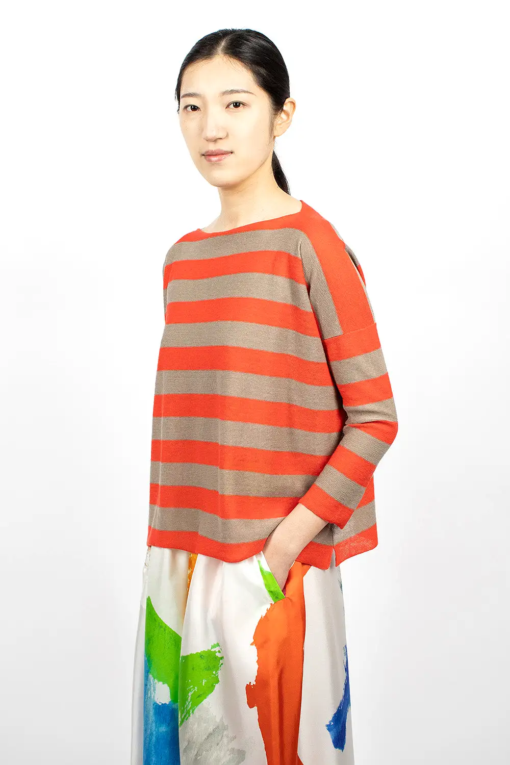 Linen Boatneck Sweater Natural/Orange