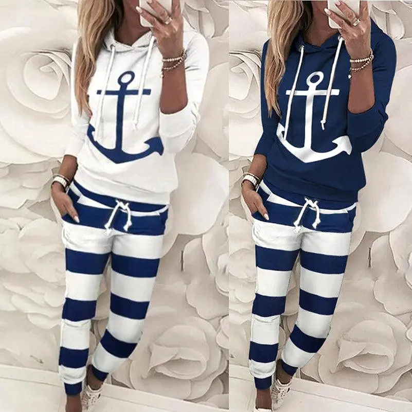 Long Sleeved Sweater Striped Pants Sports Running Two Piece Set