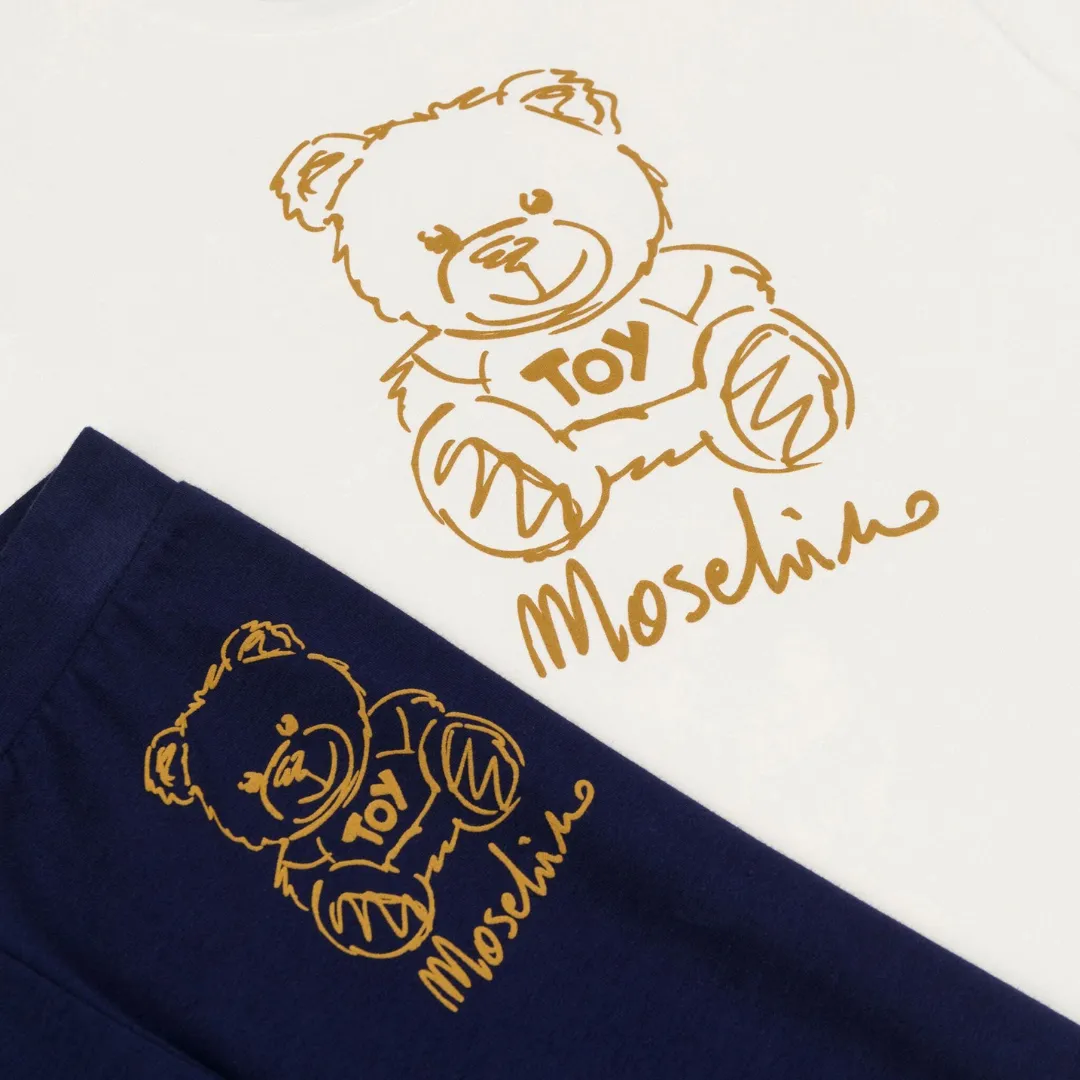 Moschino Set Long Sleeved T-Shirt And Legging Set Bear Logo Blue And White