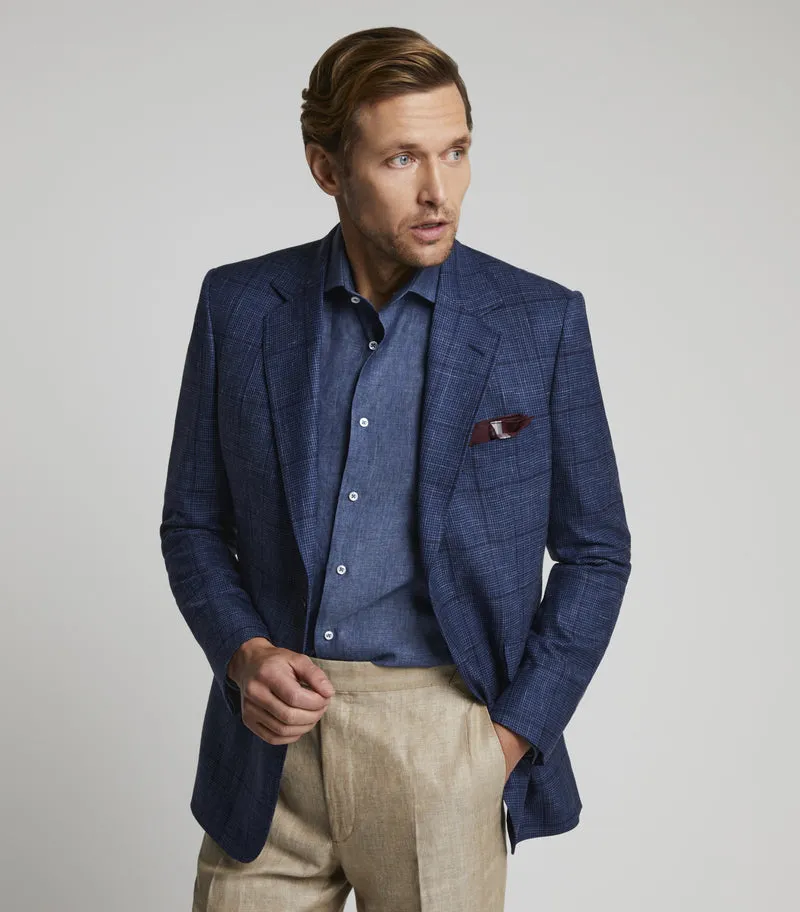 Navy Wool/Linen Single Breasted Glen Check Jacket