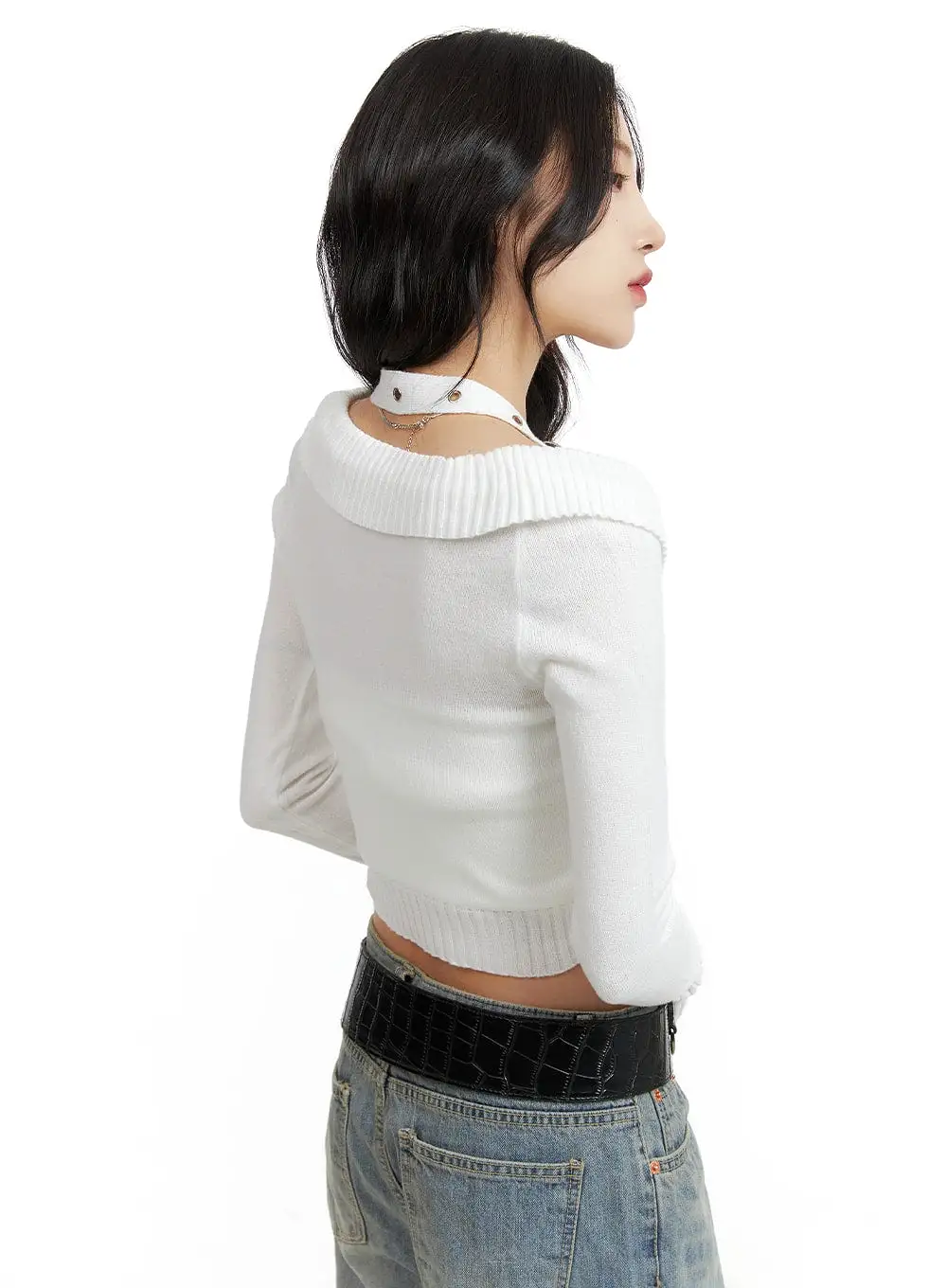 Off Shoulder Buckle Halter Crop Sweater CF415