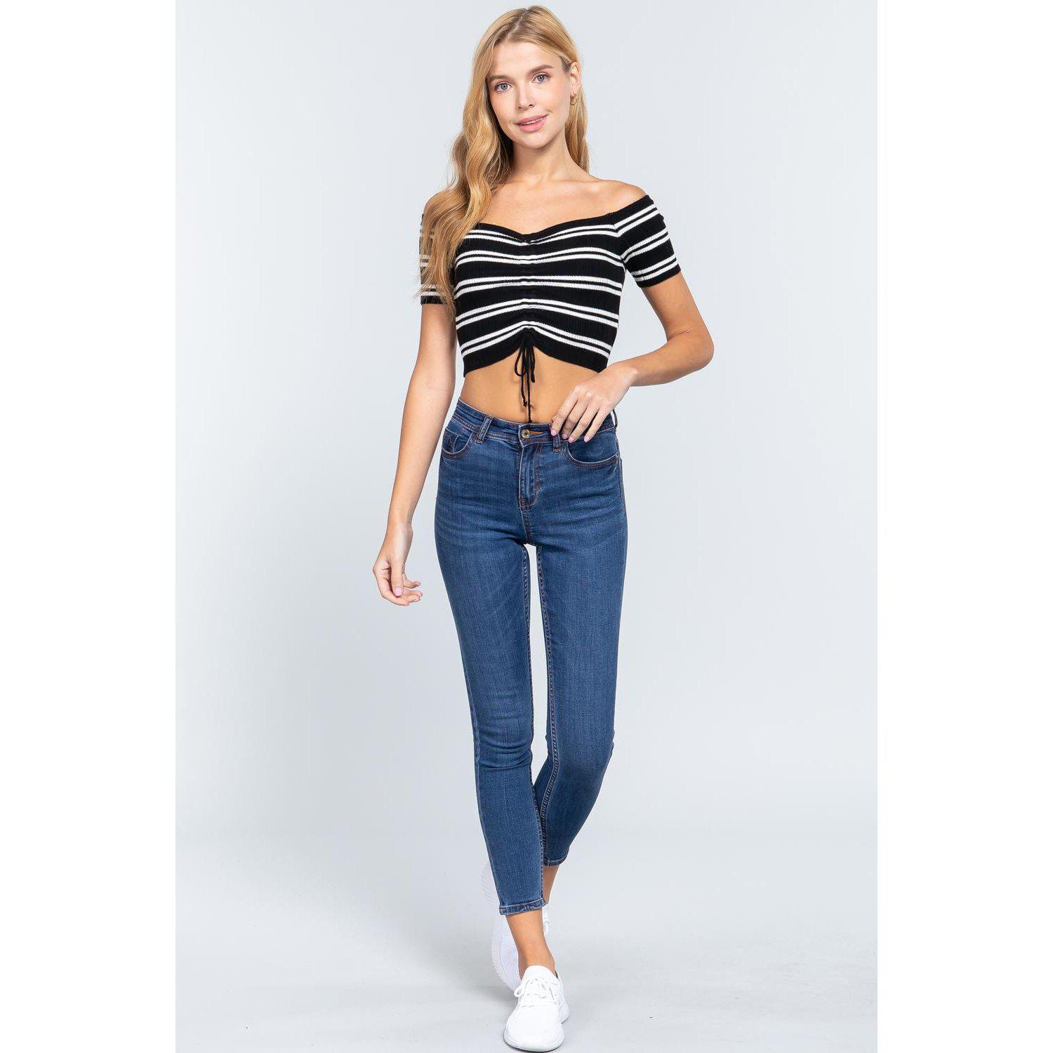 Off Shoulder Stripe Rib Sweater Top