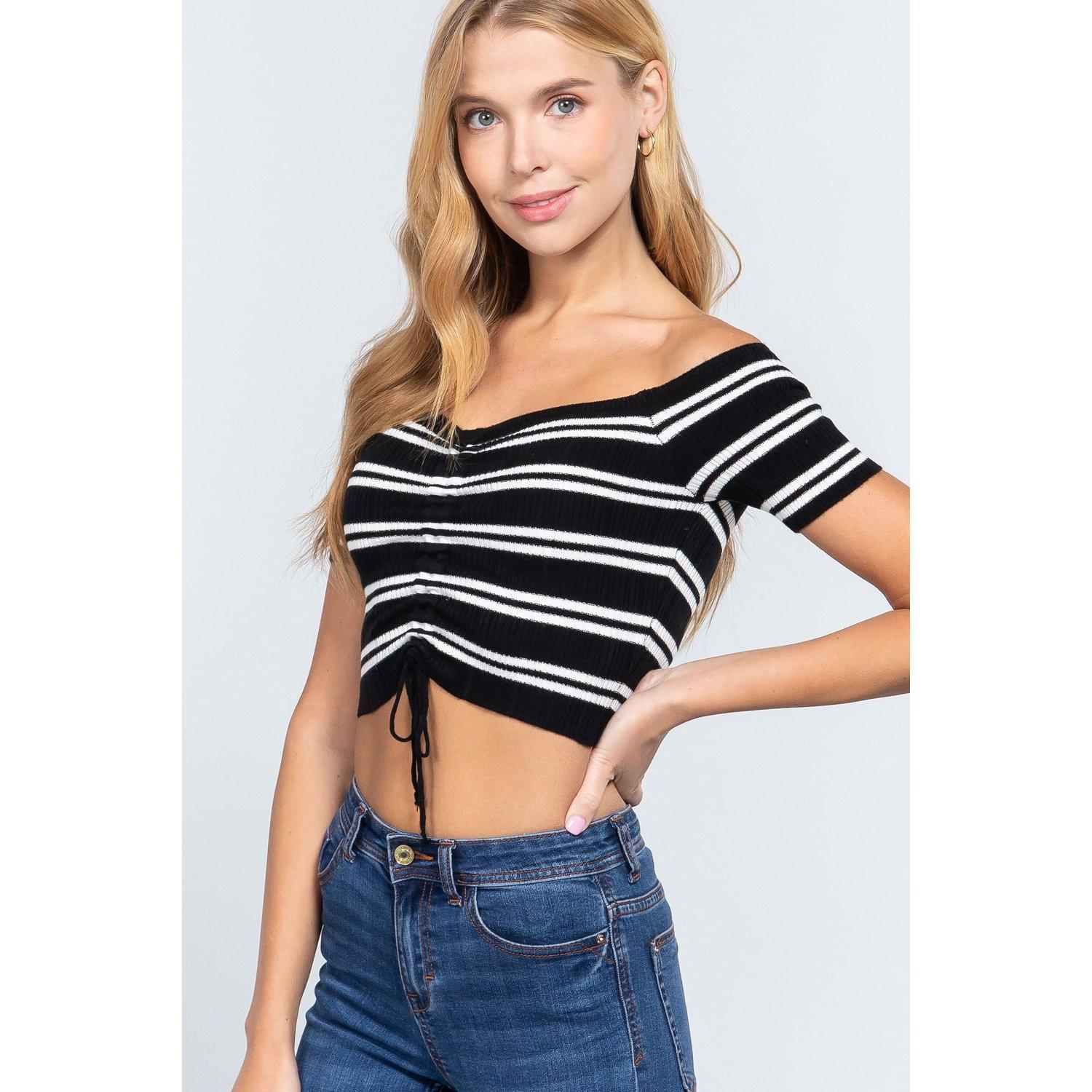 Off Shoulder Stripe Rib Sweater Top