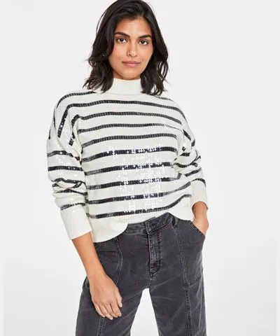 On 34th Trendy Plus Sequin Striped Mock-Neck Sweater