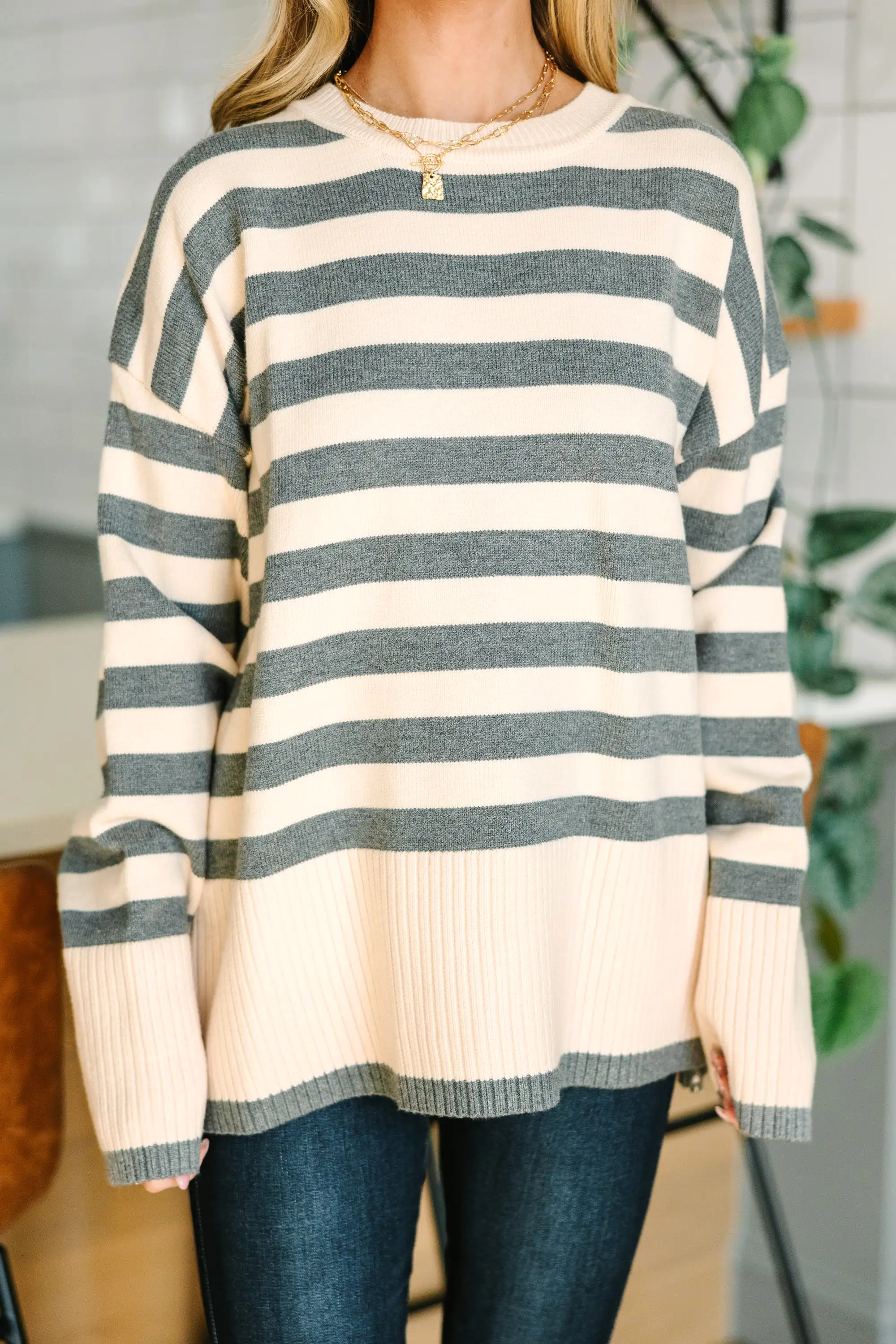 On The Way Up Heather Grey Striped Sweater