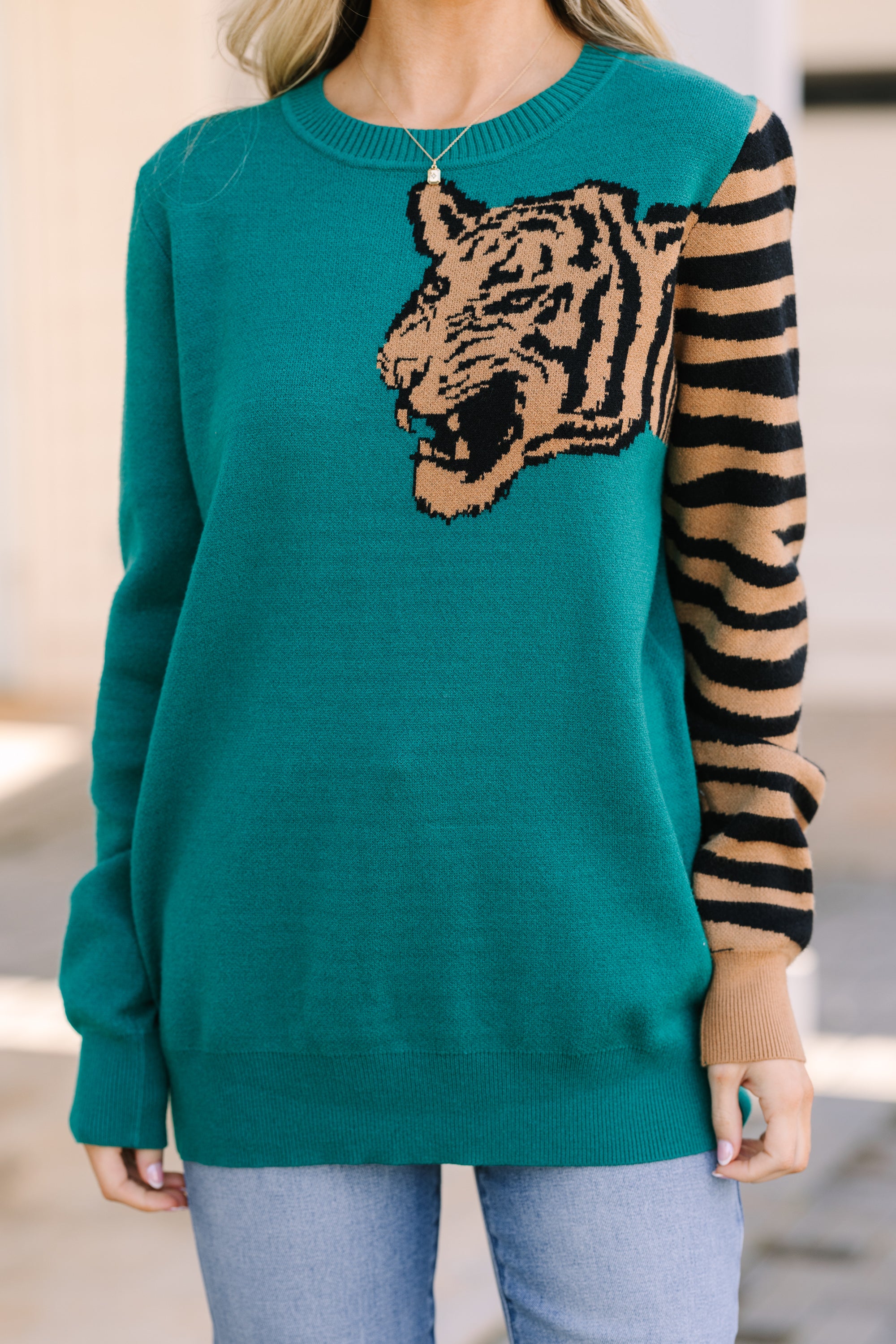 Over Your Shoulder Hunter Green Tiger Sweater