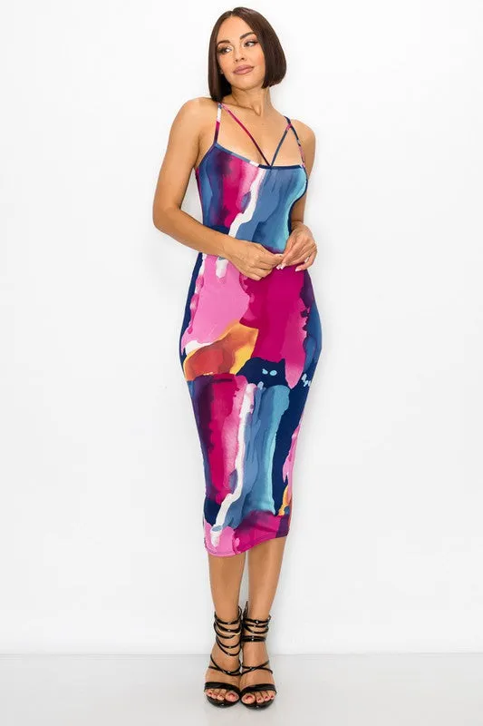 Painted Print Sleeveless Bodycon Midi Dress