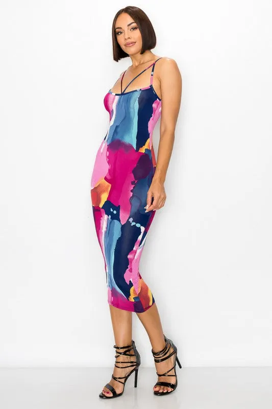 Painted Print Sleeveless Bodycon Midi Dress